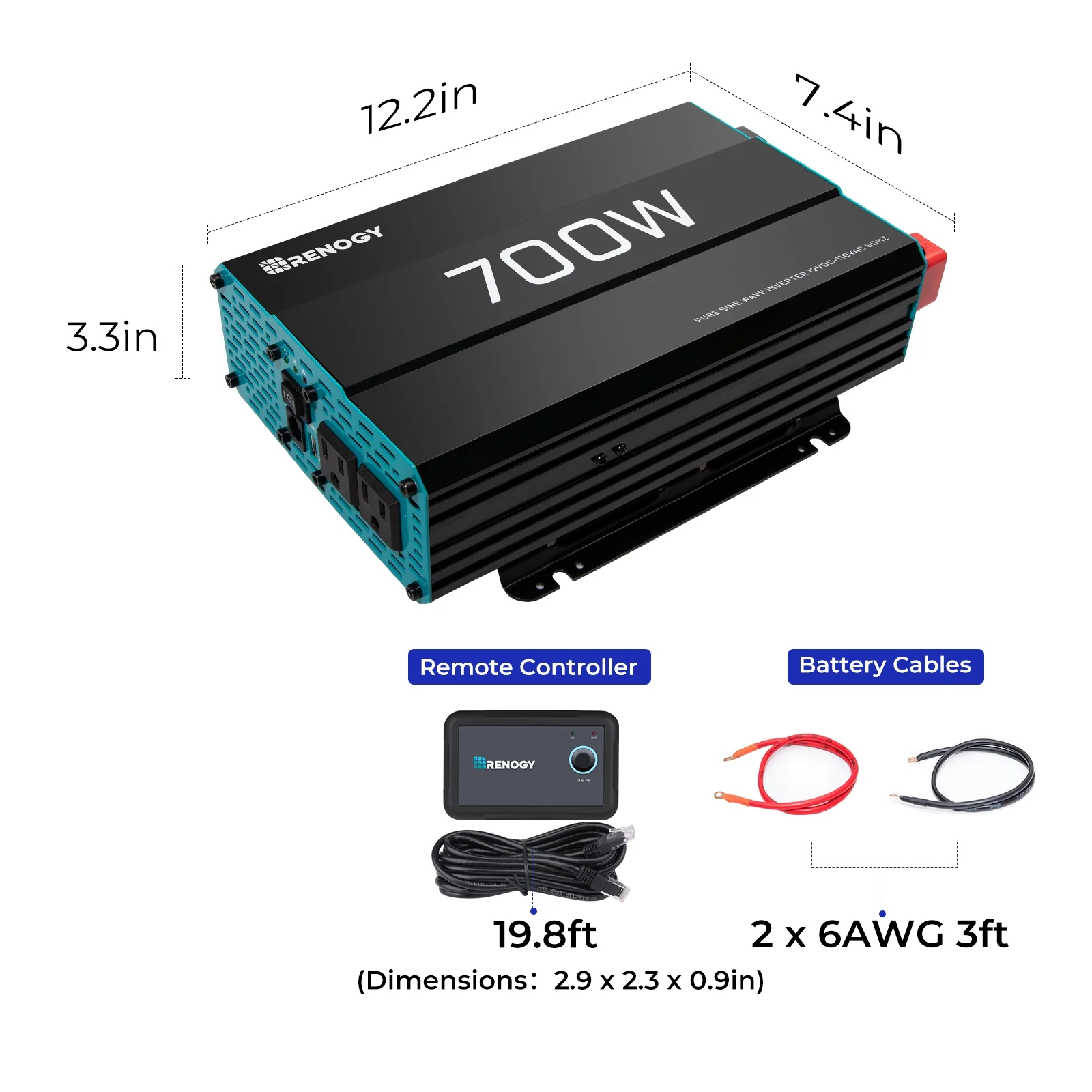 Renogy 2000W Pure Sine Wave Inverter, Power Inverter DC 12V to AC 120V, Built-in 5V/2.1A USB / Hardwire Port, Remote Controller
