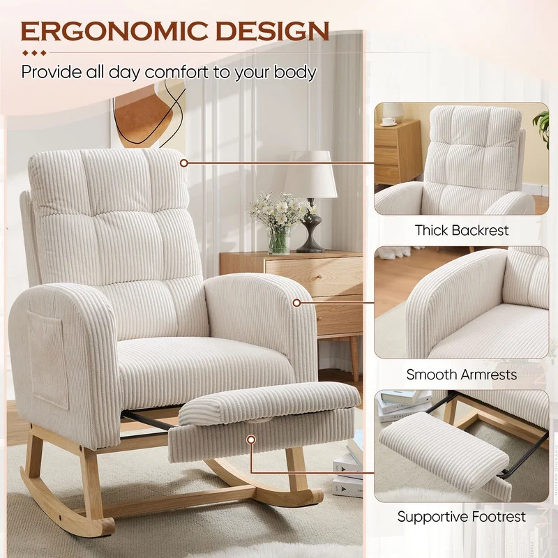 FFH Rocking Chair Nursery, Tufted Accent Rocker Chair, Upholstered Armchair with Adjustable Footrest, Side Pocket, High Backrest, Padded Seat, Polyester Blend (Retro, Dark Gray)