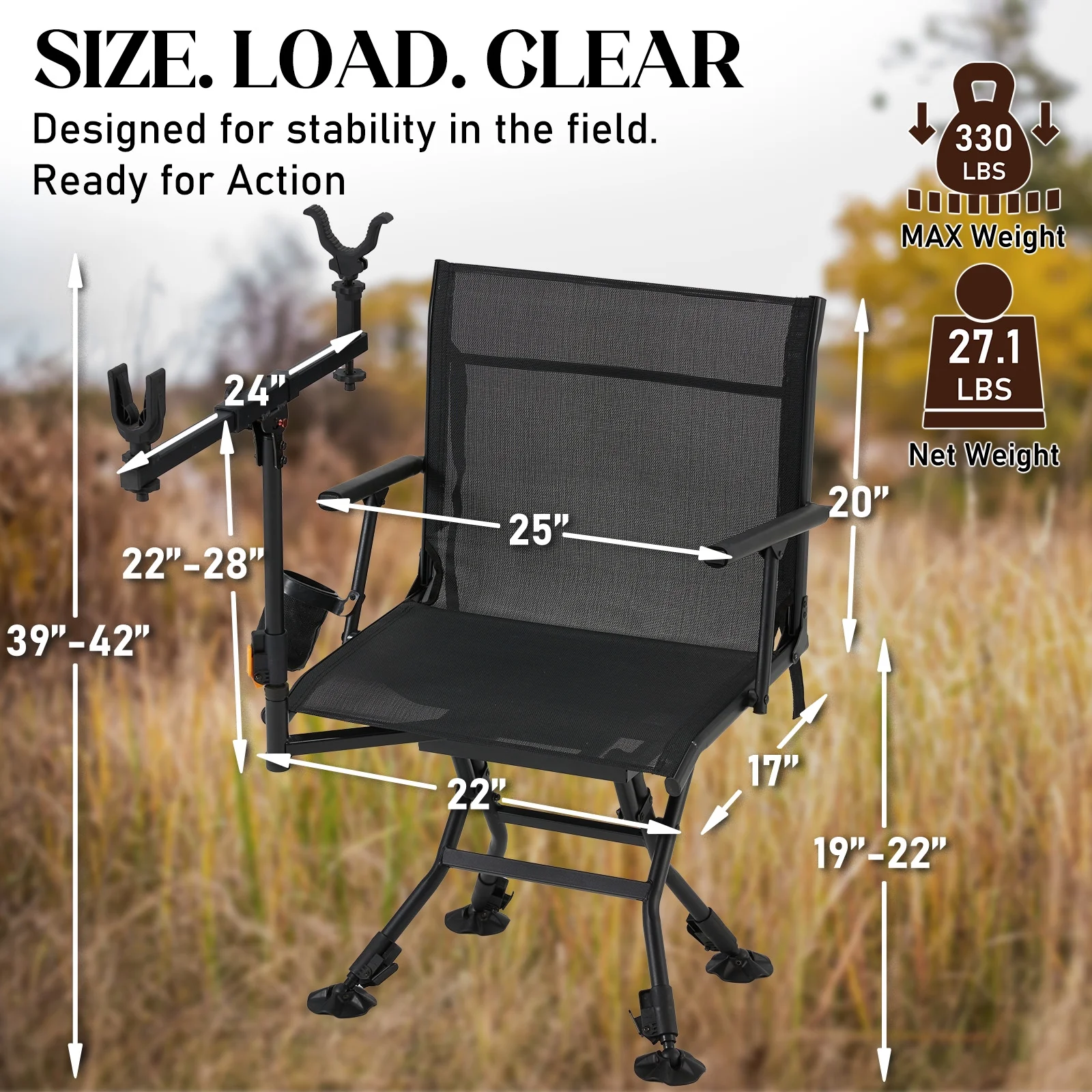 Danrelax 360° Silent Camo Hunting Blind Chair, Armrests, Side Pouch, Telescopic Legs