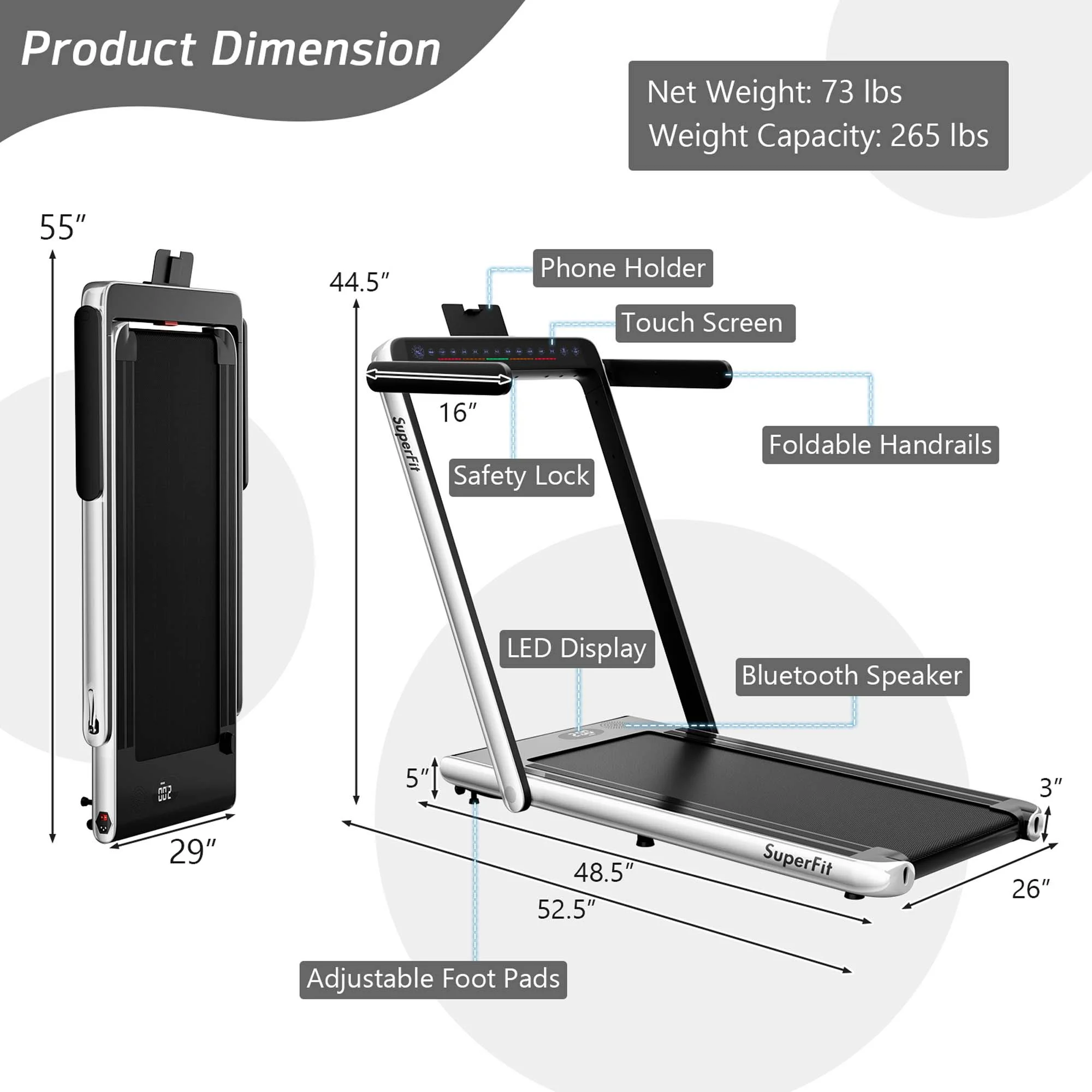 SuperFit Up To 7.5MPH 2.25HP 2 in 1 Dual Display Screen Treadmill Jogging Machine W/APP Control Silver