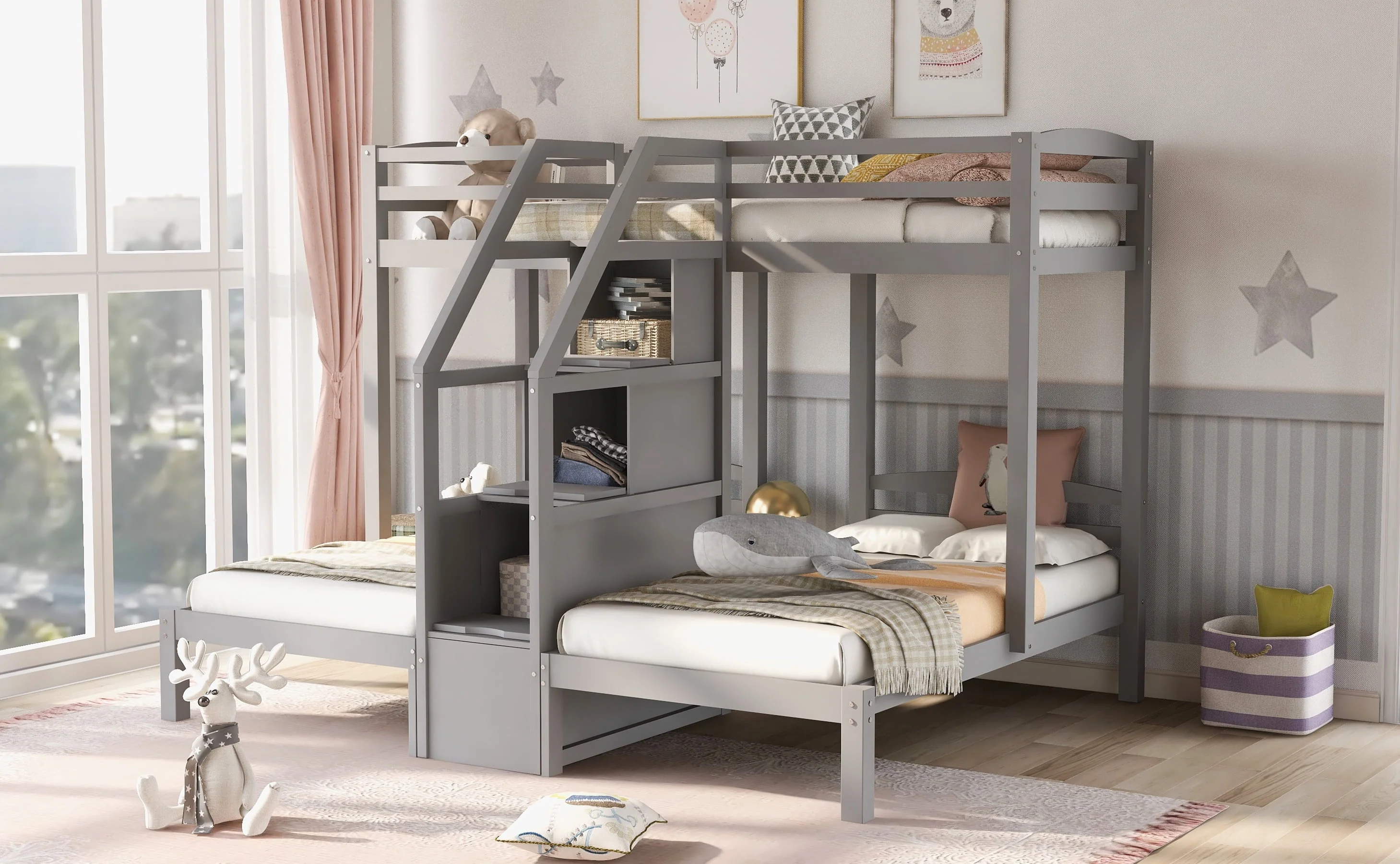 EUROCO Twin over Twin & Twin Bunk Bed with Staircase and Drawers for Kids Bedroom, 3-in-1 Bunk for More Kids, Storage Staircase, Gray