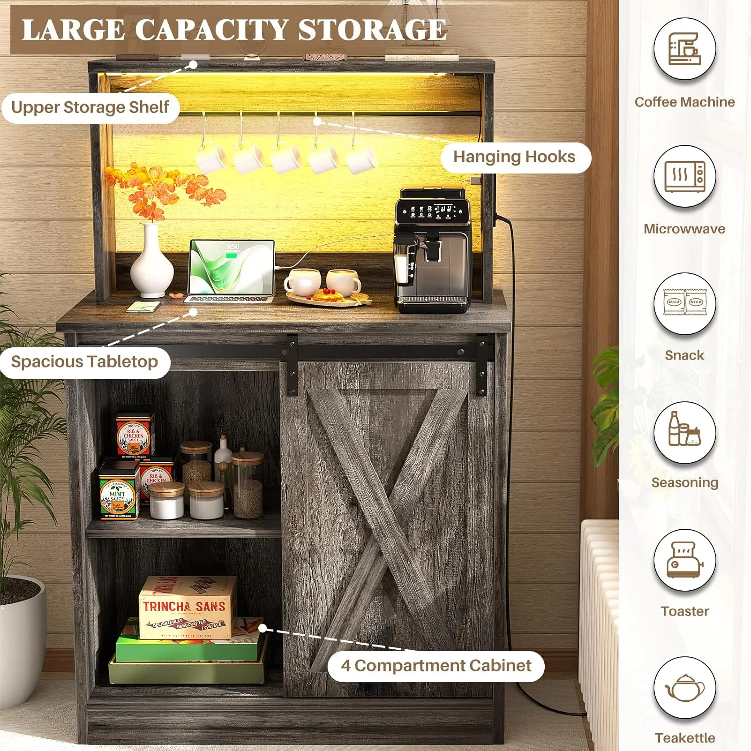 Homieasy Farmhouse Coffee Bar Cabinet with Charging Station, LED Lighting, Adjustable Shelves & Rustic Sliding Barn Door Design for Kitchen, Dining, or Living Room, Black Oak