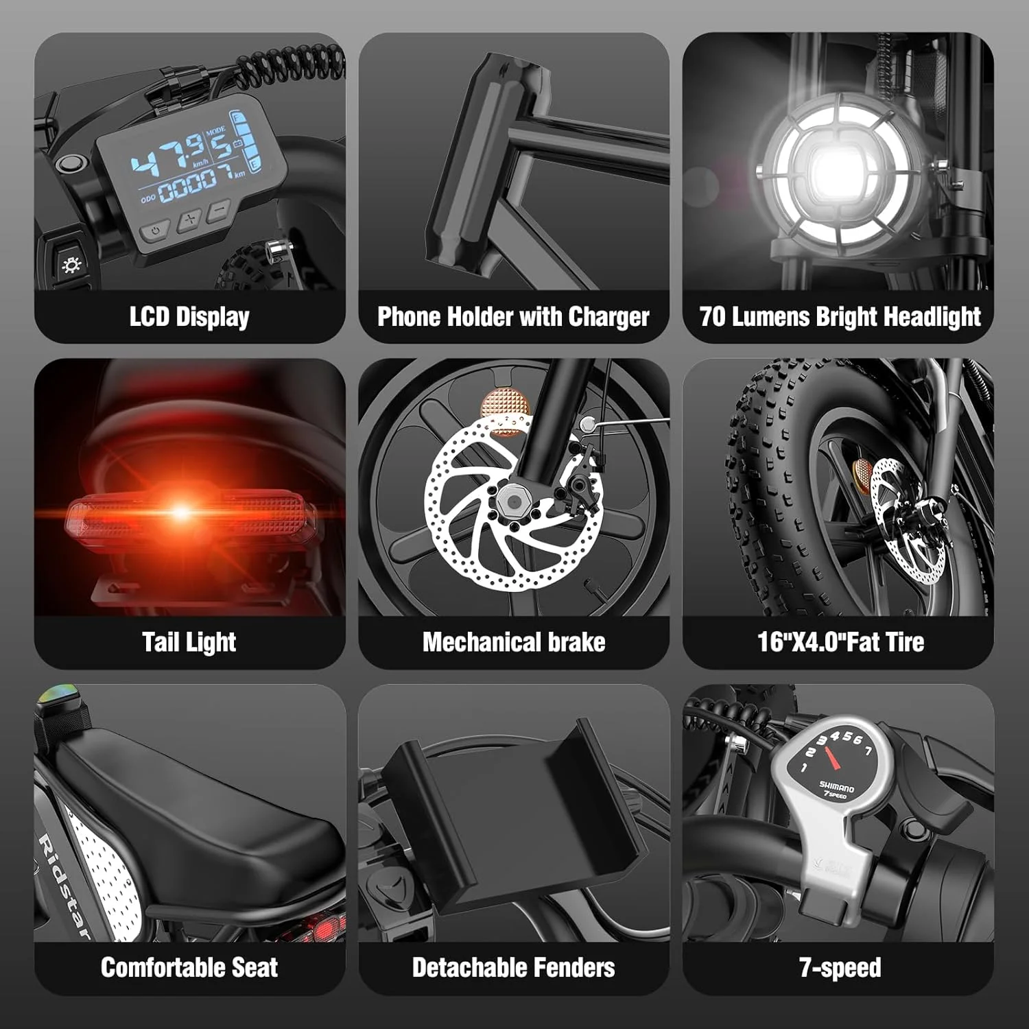 Ridstar Electric Bike for Adults Q20,1200W 30MPH,48V 15.6Ah Electric Bicycle,7 Speed Full Suspension Mountain Bike UL2849