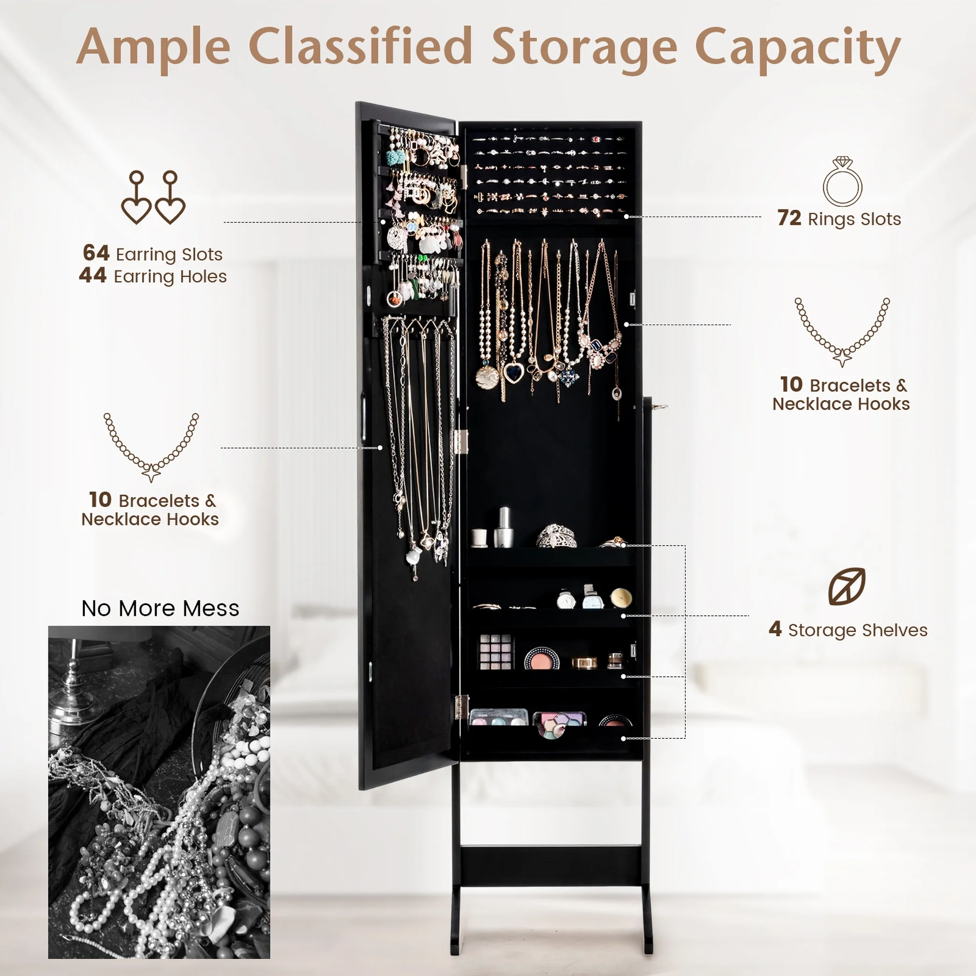 Costway Jewelry Mirrored Cabinet Armoire Organizer Storage Box w/ Stand Christmas Gift
