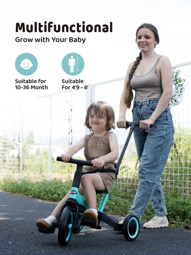 newyoo TR008 5-in-1 Toddler Tricycle with Push Handle, Converts to Balance Bike for 1-3 Year Old, Khaki