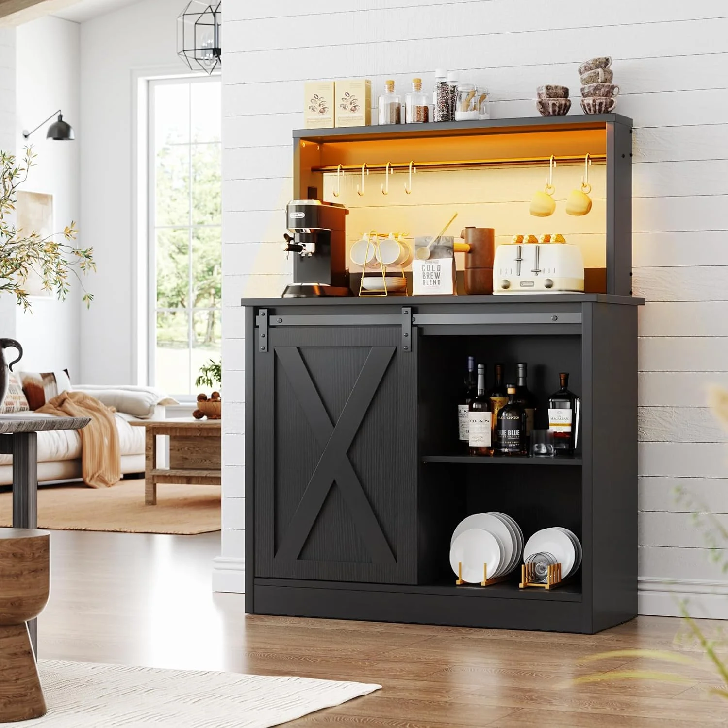 Homieasy Farmhouse Coffee Bar Cabinet with Charging Station, LED Lighting, Adjustable Shelves & Rustic Sliding Barn Door Design for Kitchen, Dining, or Living Room, Black Oak