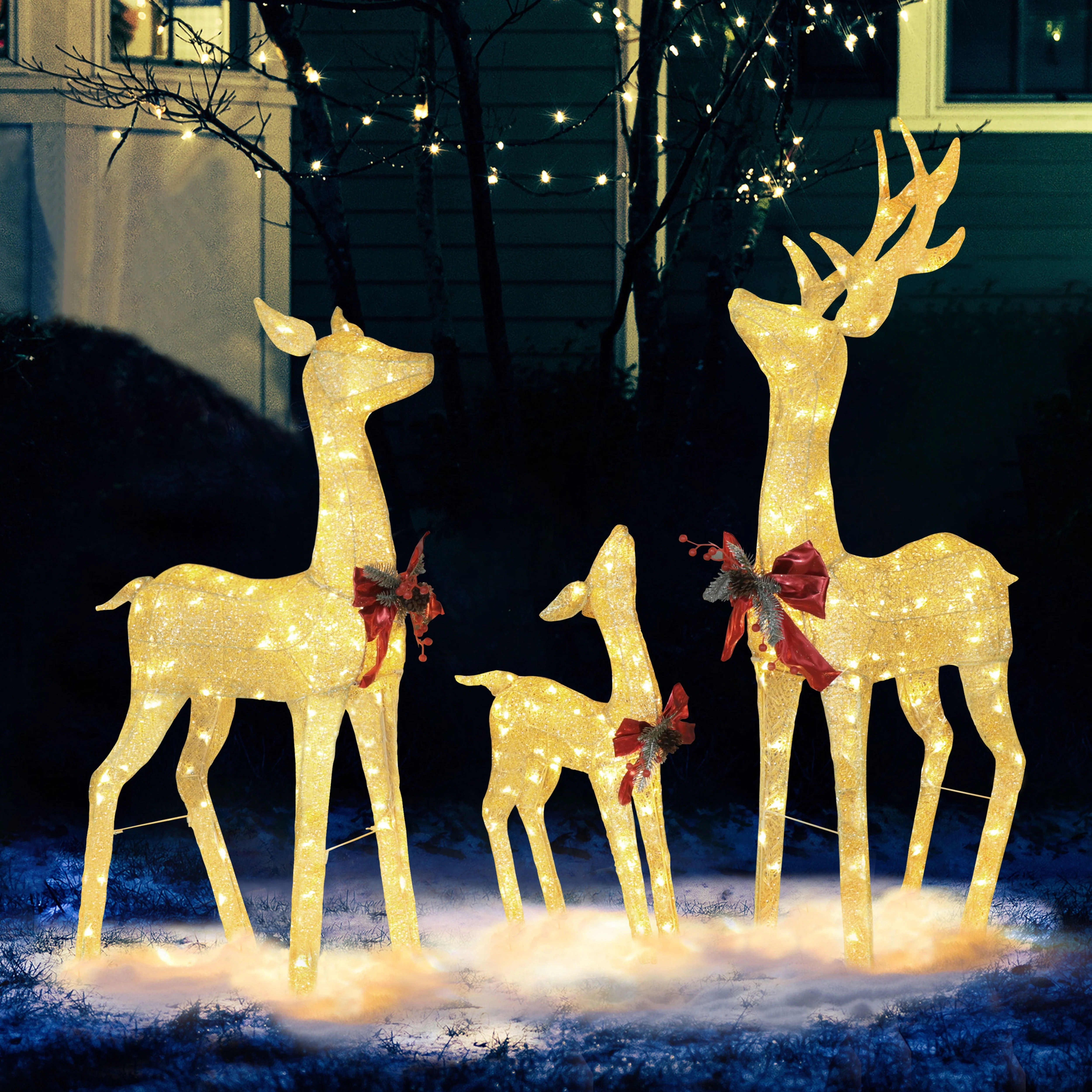 VEIKOUS Christmas Lighted Deer Family Set Outdoor Decor w/ 200 Warm Lights Reindeer Christmas Decor, Ground Stakes and Zip Ties, Gold