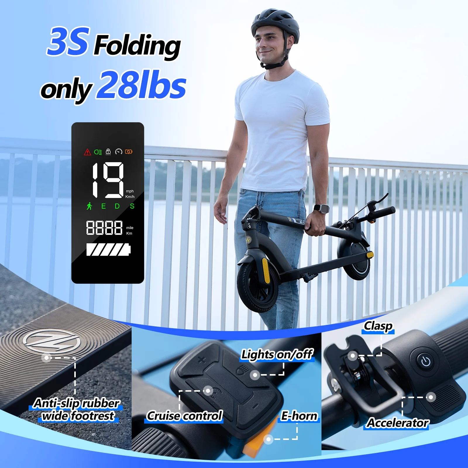 ZDZA 350W & 19MPH Electric Scooter for Adults, 12-21 Miles Range, 8.5' Foldable Escooter