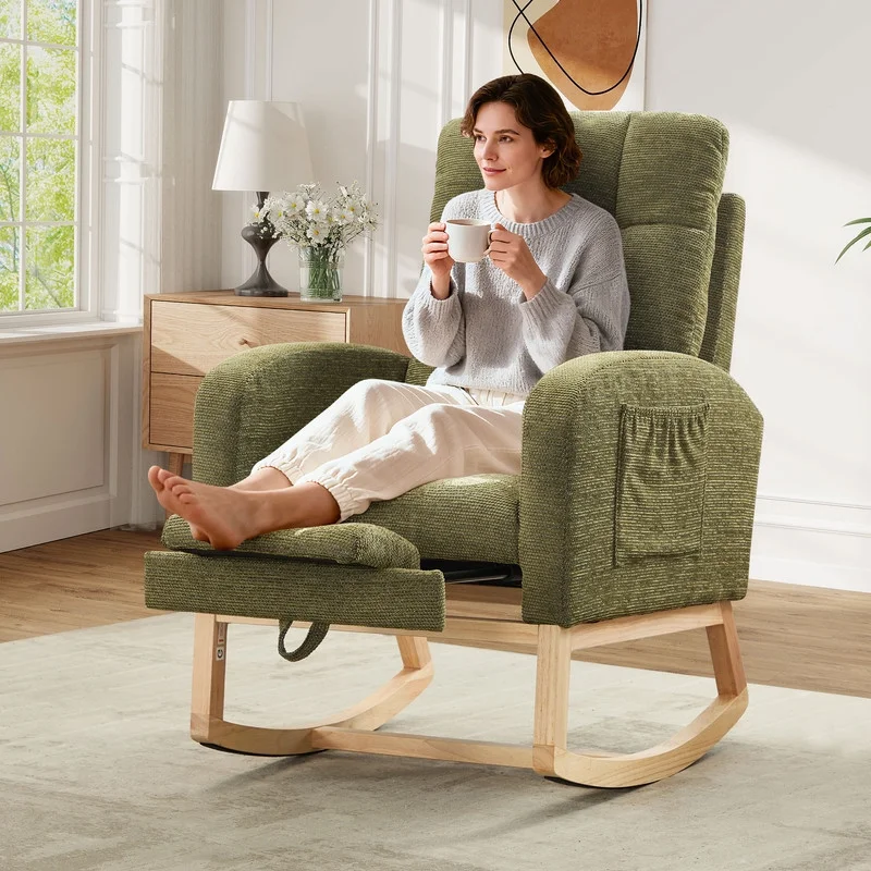 FFH Rocking Chair Nursery, Tufted Accent Rocker Chair, Upholstered Armchair with Adjustable Footrest, Side Pocket, High Backrest, Padded Seat, Polyester Blend (Retro, Dark Gray)