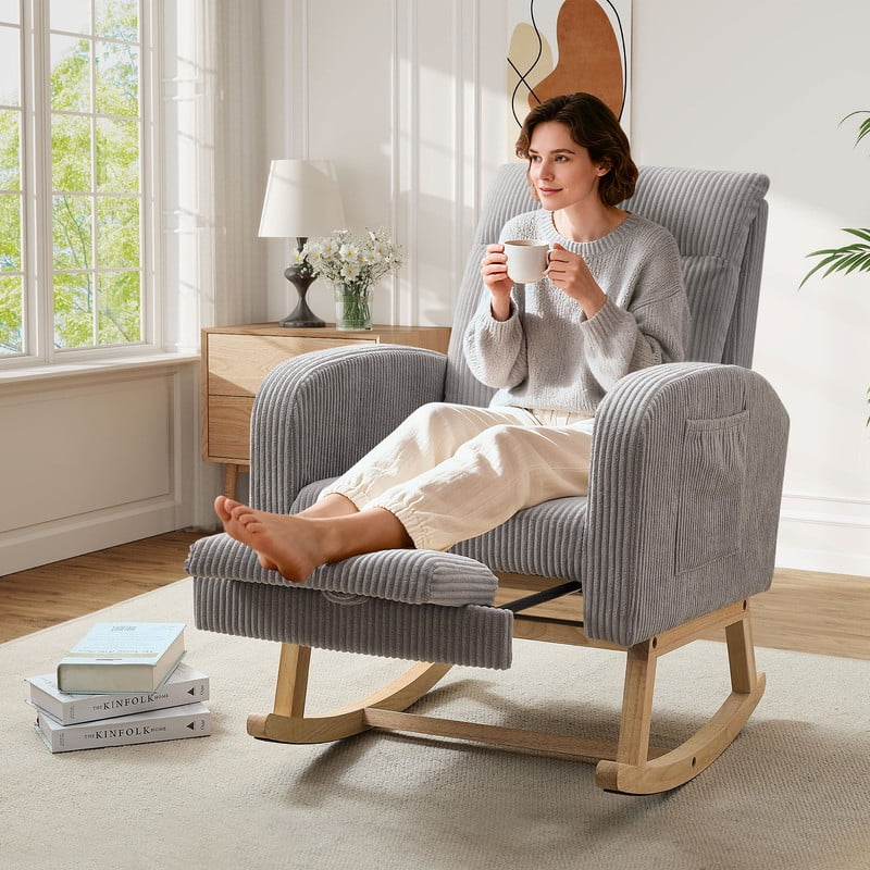 FFH Rocking Chair Nursery, Tufted Accent Rocker Chair, Upholstered Armchair with Adjustable Footrest, Side Pocket, High Backrest, Padded Seat, Polyester Blend (Retro, Dark Gray)