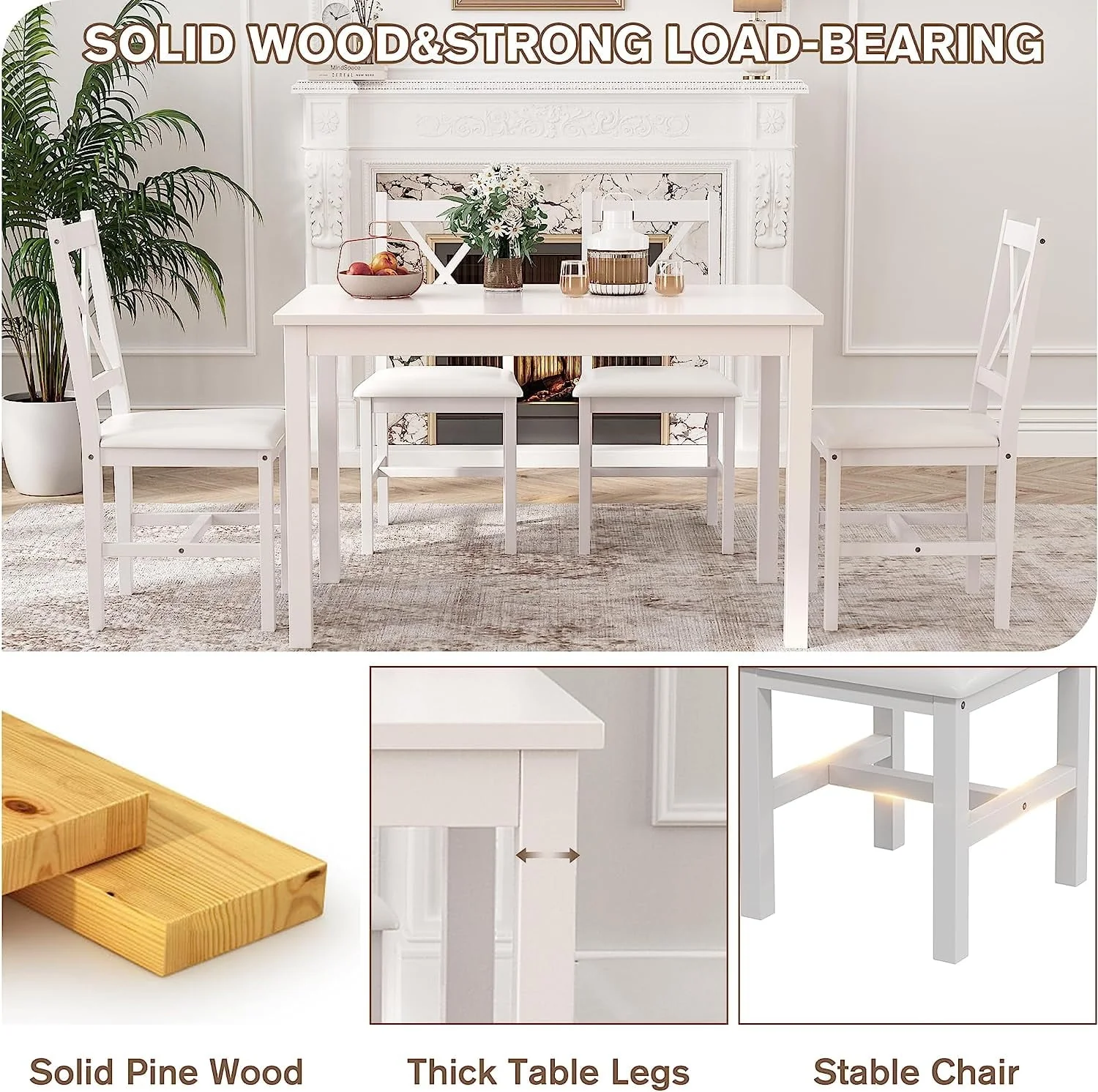 Alohappy Dining Room Table Set for 4, 5 Piece Kitchen Table Set, Morden Wood Rectangle Breakfast Table and Chairs for Small Space, Easy Assembly (White)