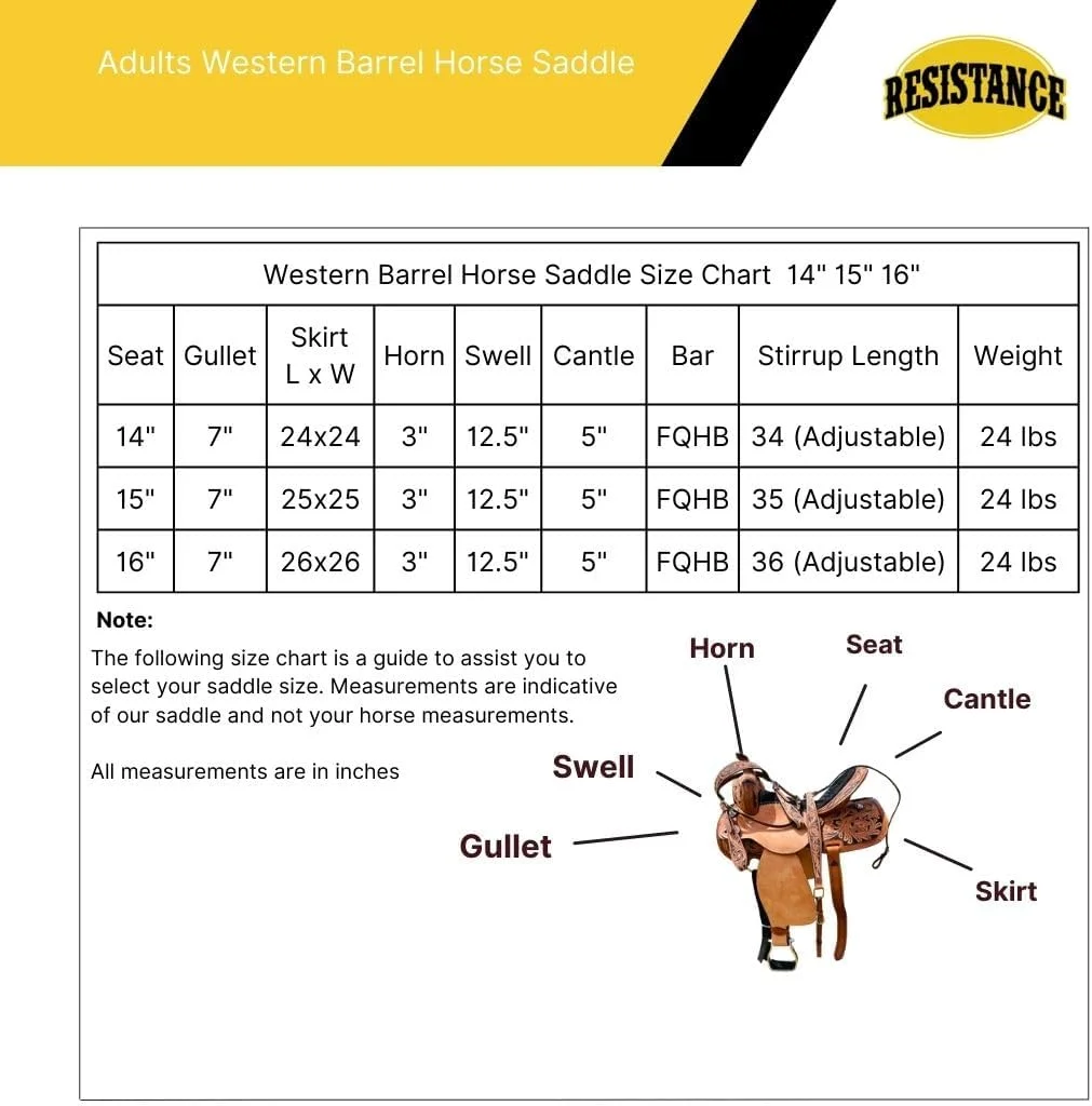 Resistance Adult Western Horse Barrel Saddle For Horse Riding | Floral Tooled With Silver Conchos | Genuine Leather 14