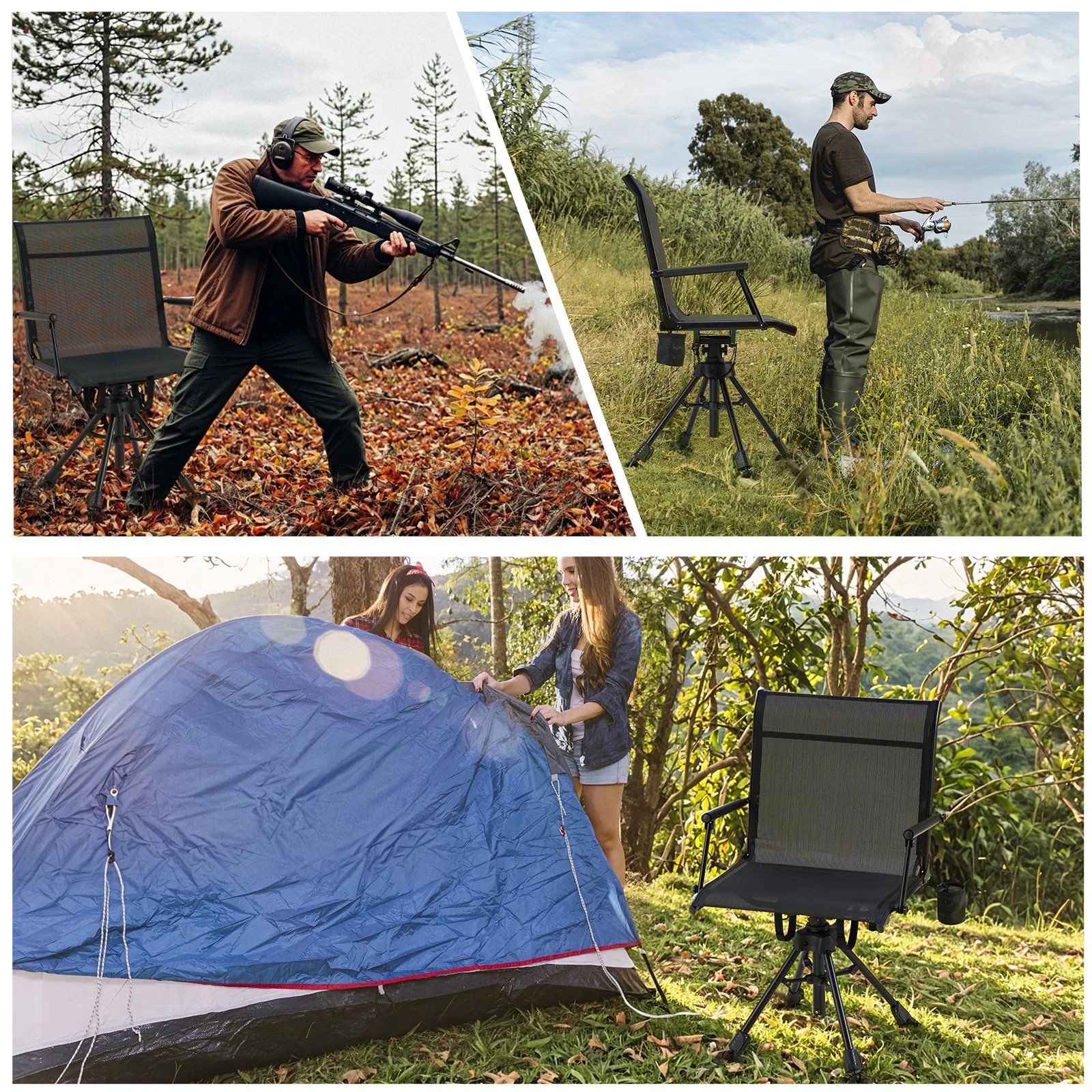 Danrelax 360° Silent Camo Hunting Blind Chair, Armrests, Side Pouch, Telescopic Legs