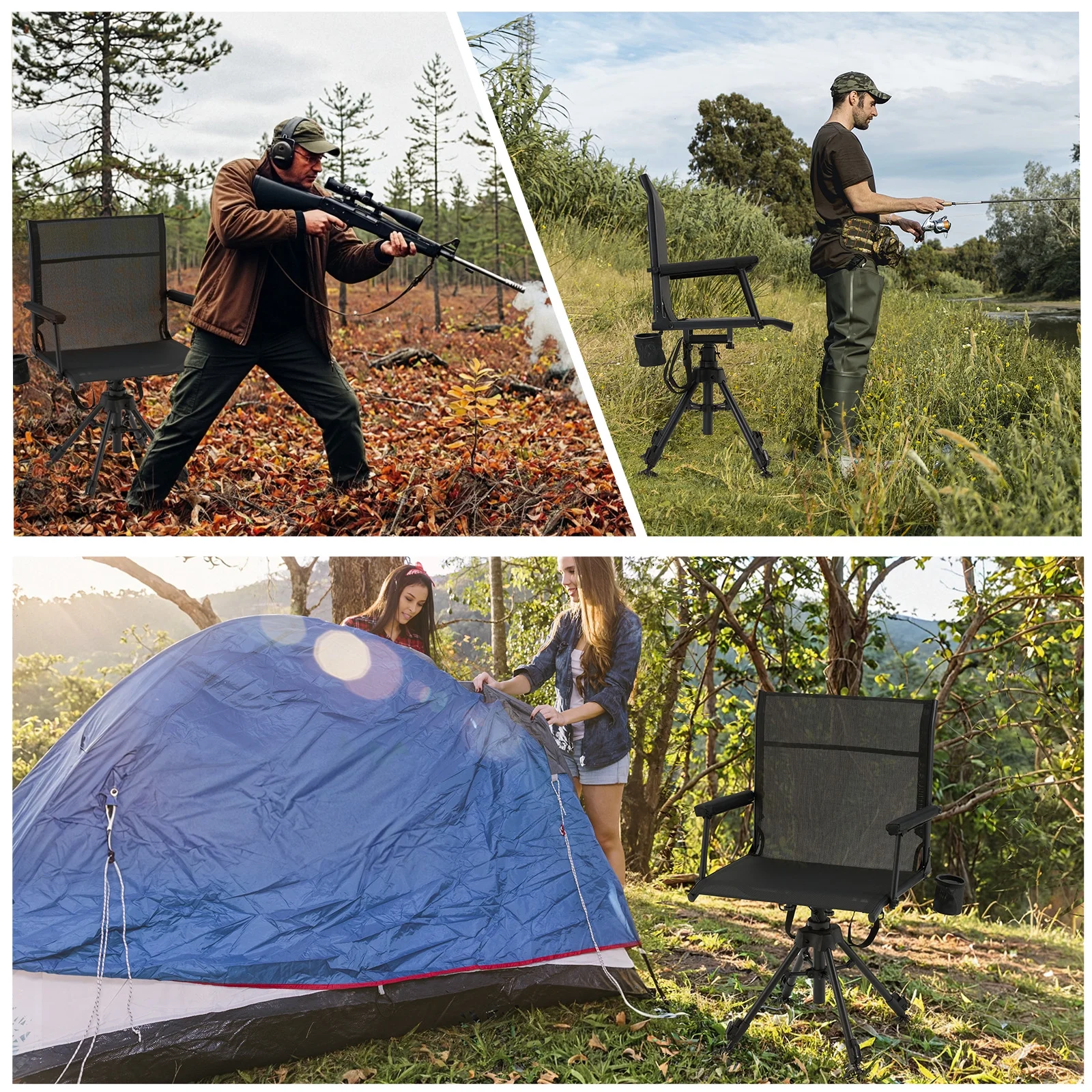 Danrelax 360° Silent Camo Hunting Blind Chair, Armrests, Side Pouch, Telescopic Legs