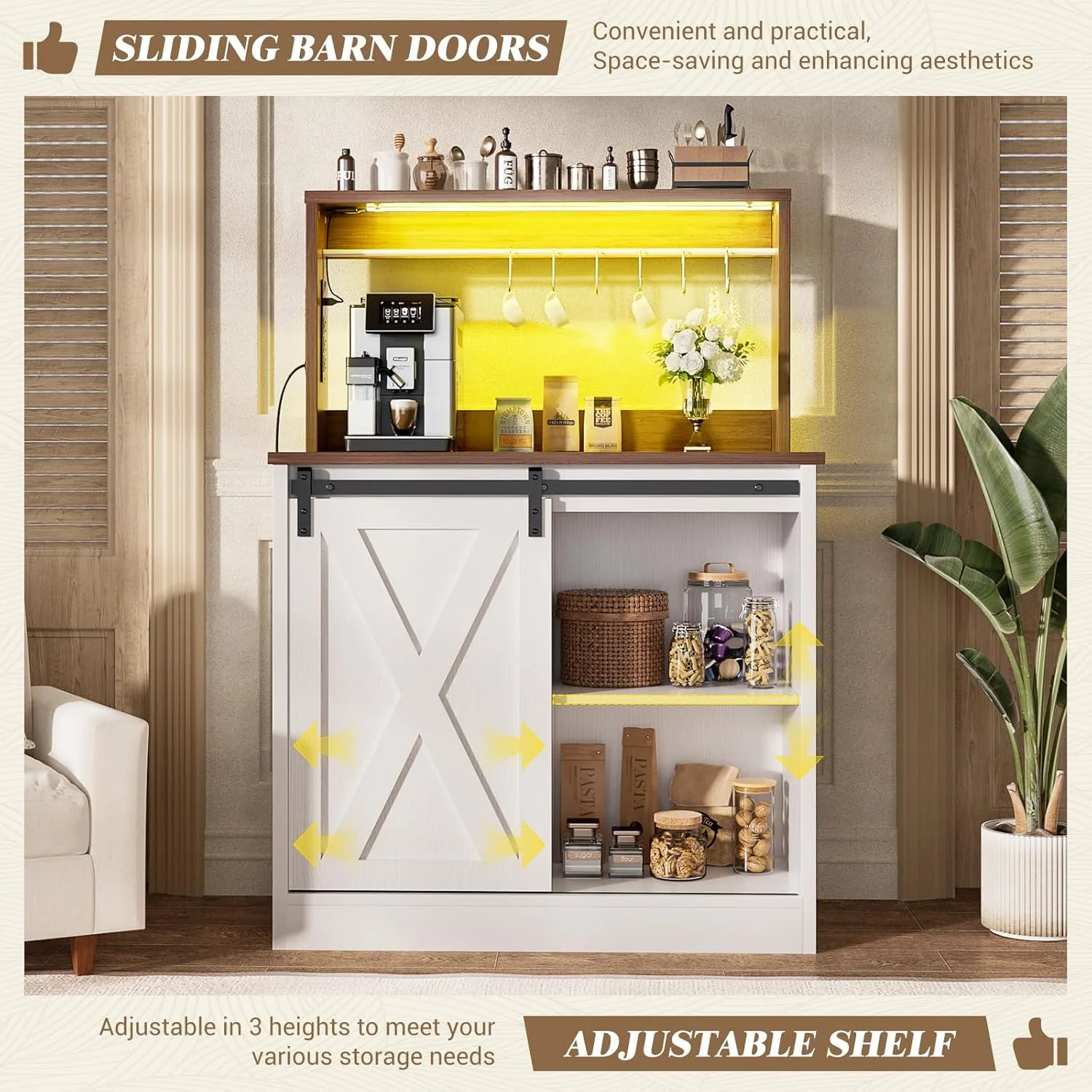 Homieasy Farmhouse Coffee Bar Cabinet with Charging Station, LED Lighting, Adjustable Shelves & Rustic Sliding Barn Door Design for Kitchen, Dining, or Living Room, Black Oak