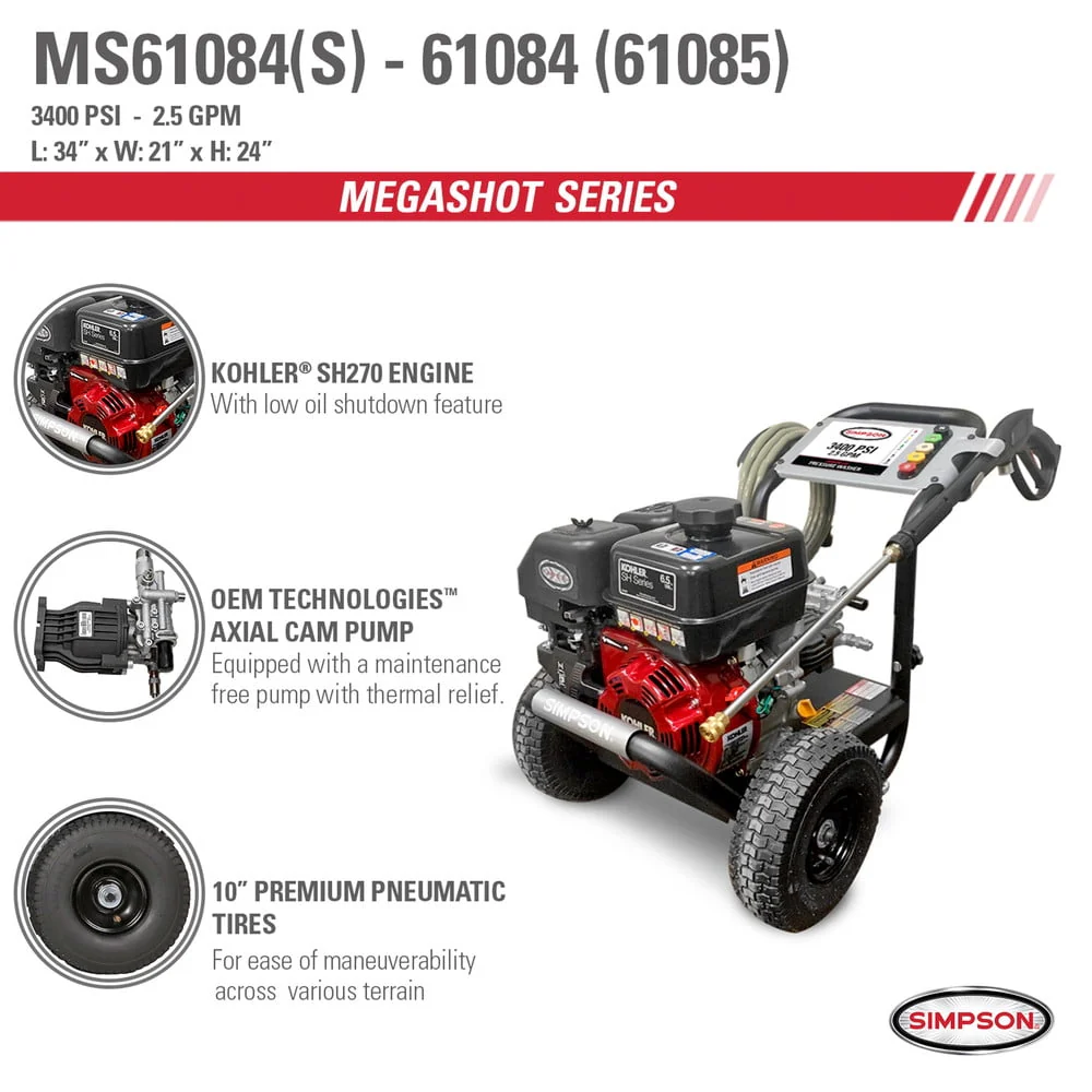Simpson 61085 MegaShot 3400 PSI 2.5 GPM KOHLER SH265 Gas Pressure Washer