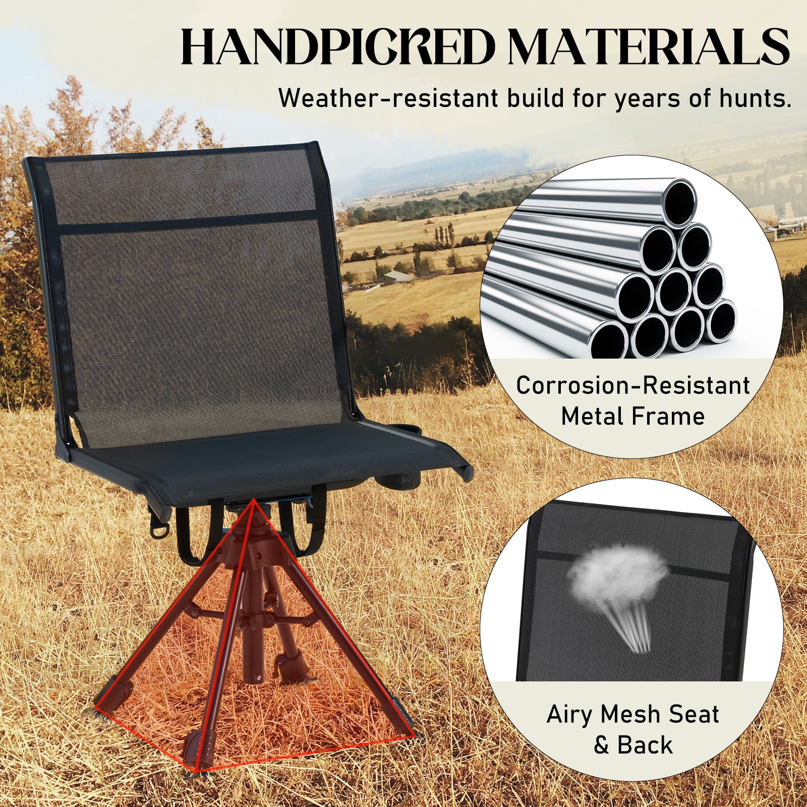 Danrelax 360° Silent Camo Hunting Blind Chair, Armrests, Side Pouch, Telescopic Legs