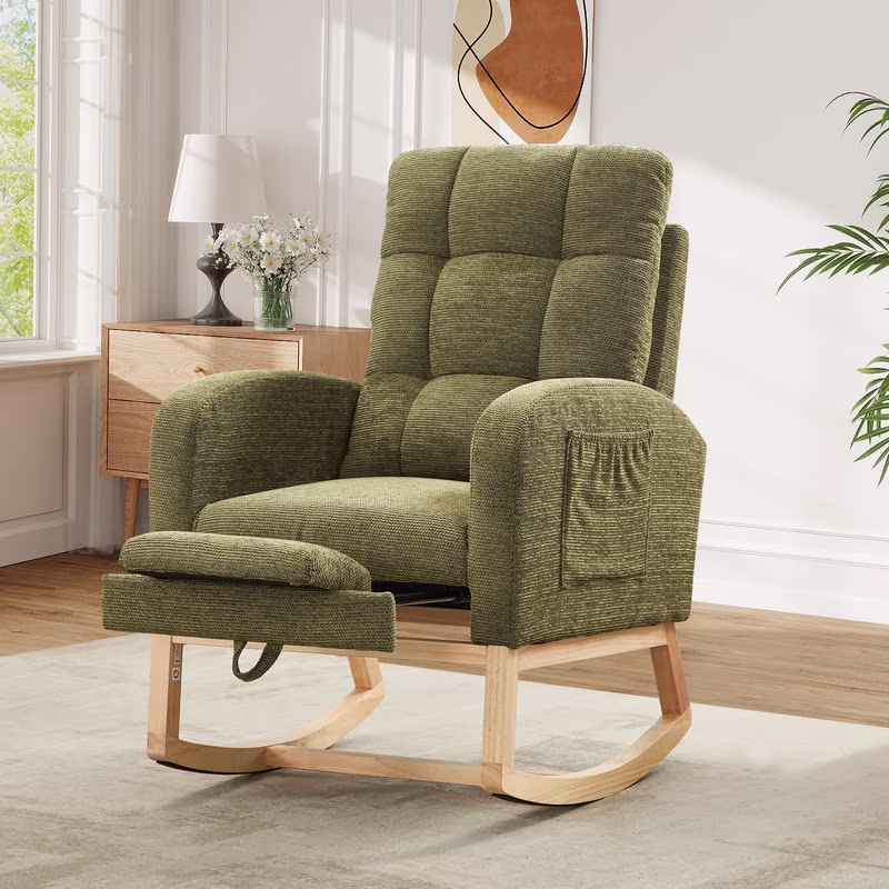 FFH Rocking Chair Nursery, Tufted Accent Rocker Chair, Upholstered Armchair with Adjustable Footrest, Side Pocket, High Backrest, Padded Seat, Polyester Blend (Retro, Dark Gray)