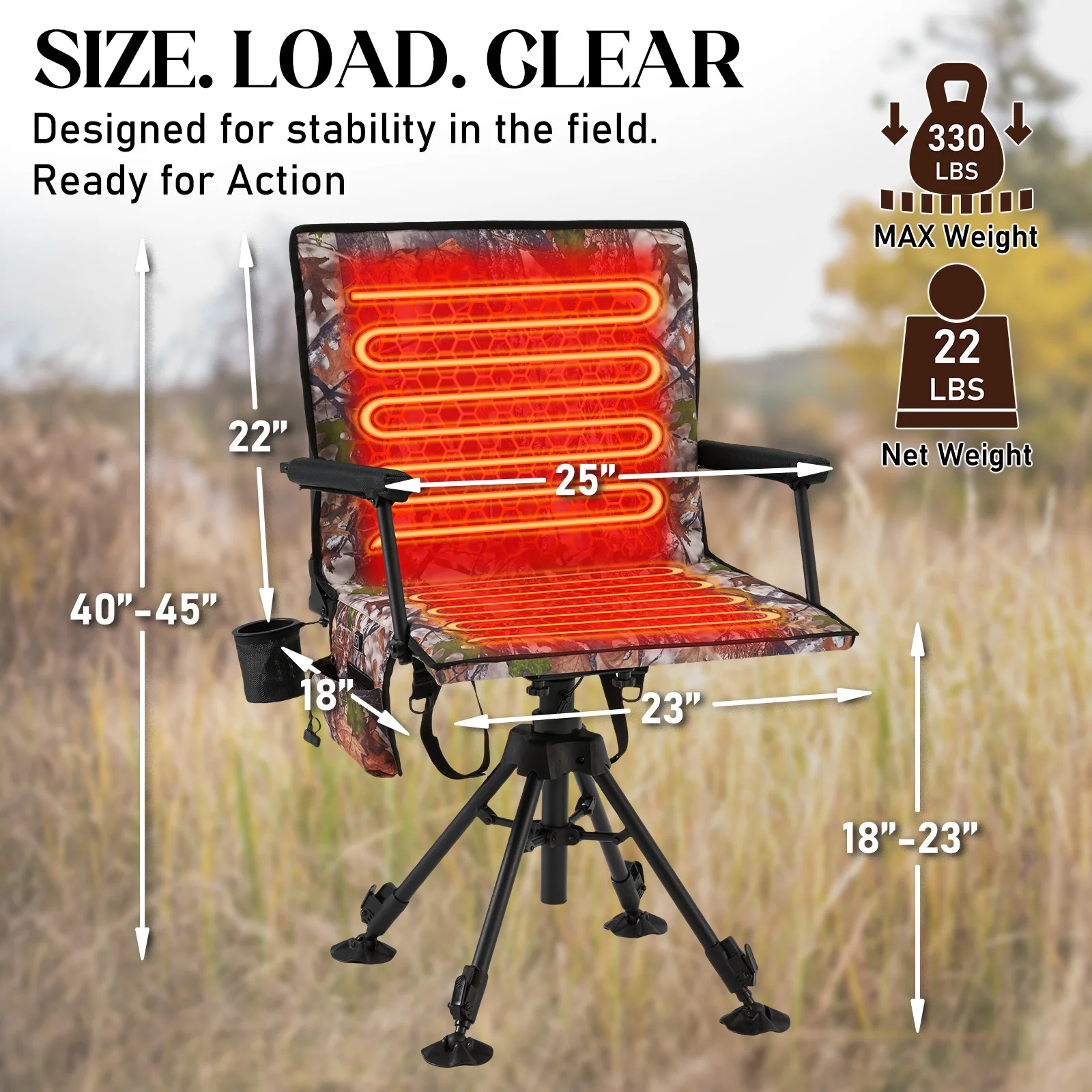 Danrelax 360° Silent Camo Hunting Blind Chair, Armrests, Side Pouch, Telescopic Legs