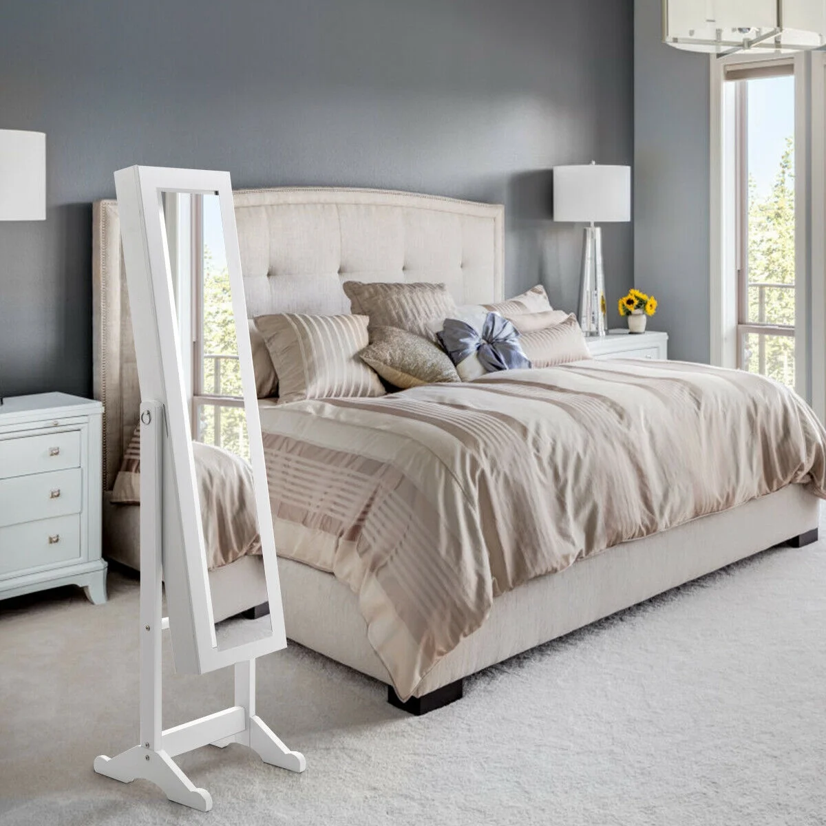 Costway Jewelry Mirrored Cabinet Armoire Organizer Storage Box w/ Stand Christmas Gift