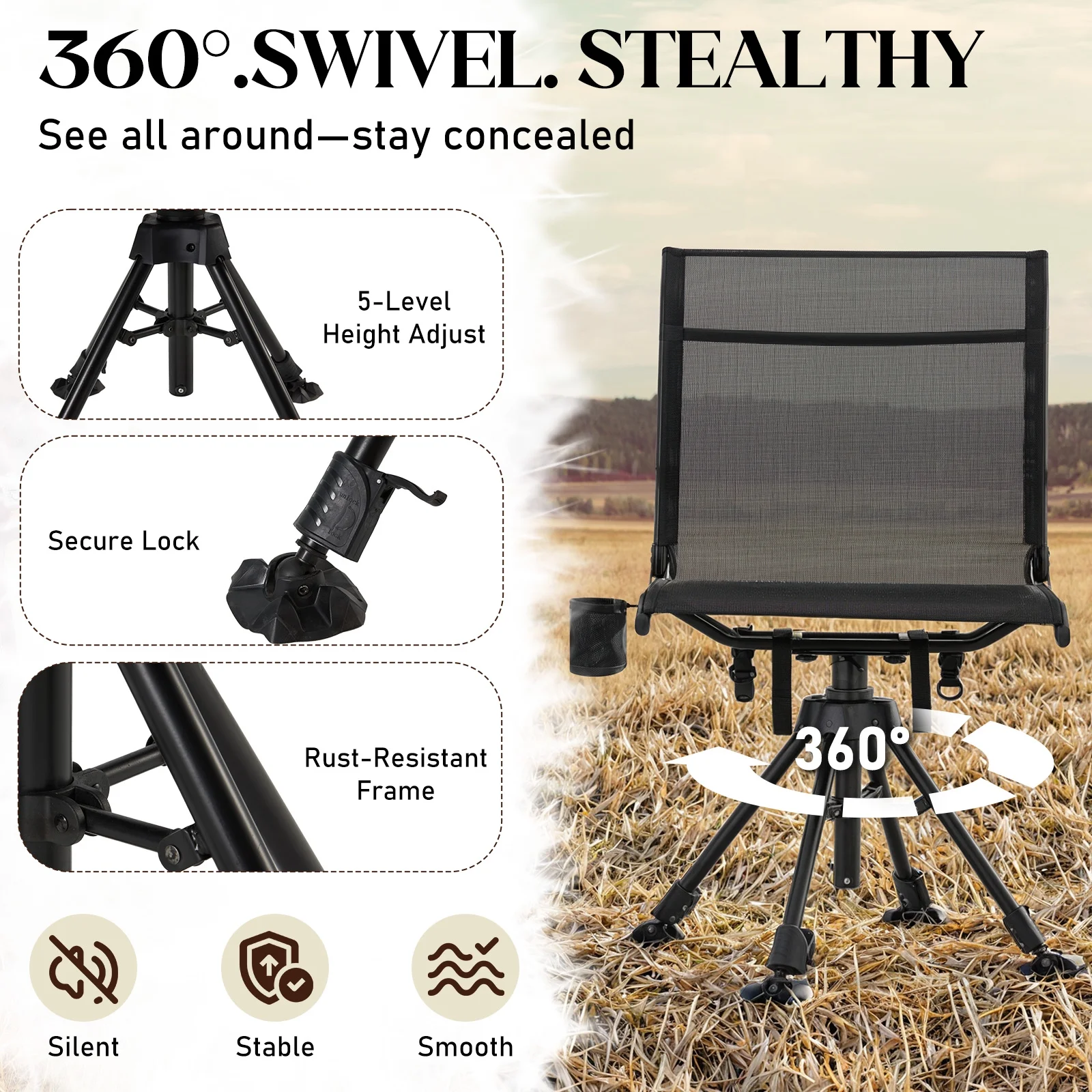 Danrelax 360° Silent Camo Hunting Blind Chair, Armrests, Side Pouch, Telescopic Legs