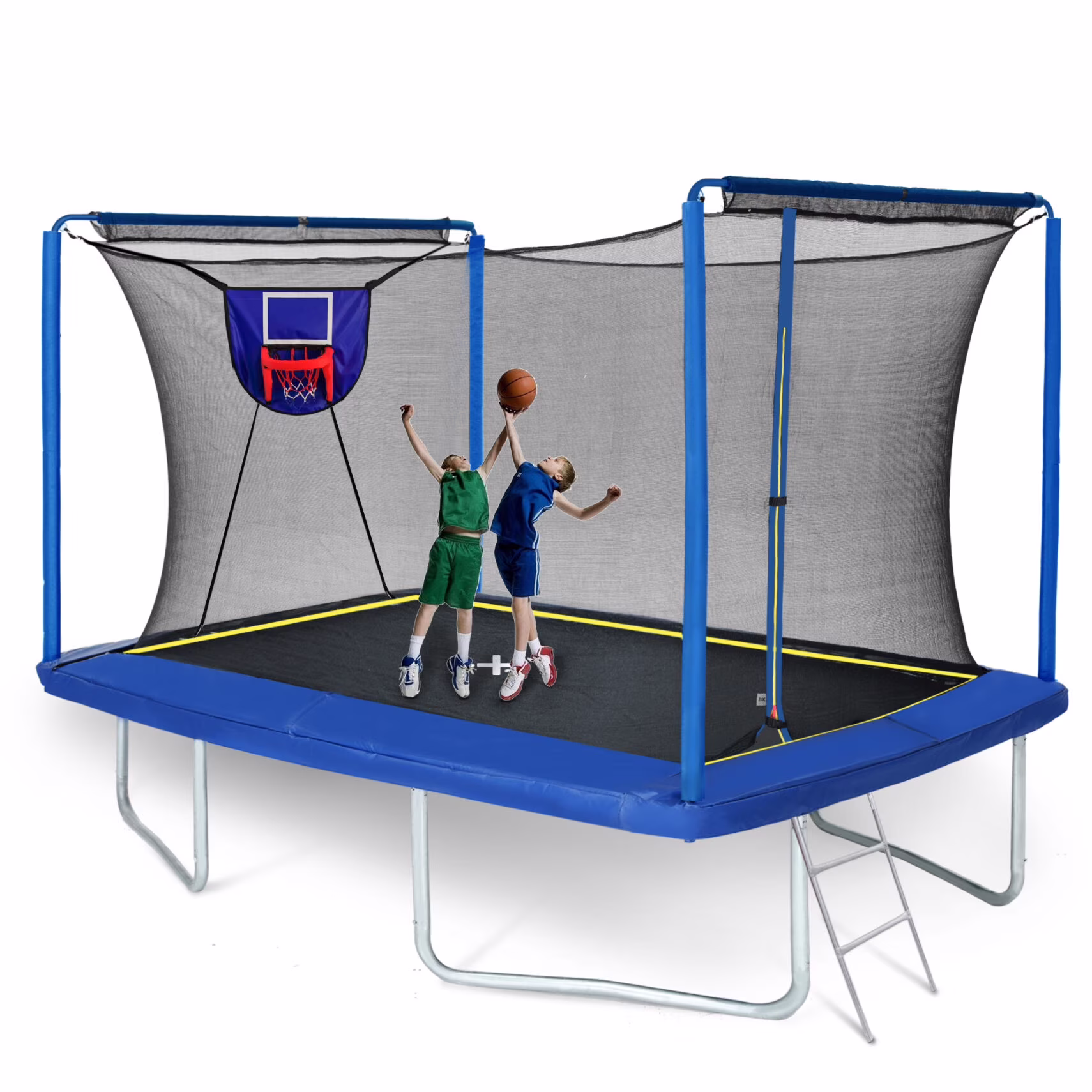 8ft��12ft Rectangular Trampoline with Adjustable Height  Basketball Board,Ball Inflater and Ladder-Blue,ASTM Standard Tested and CPC Certified
