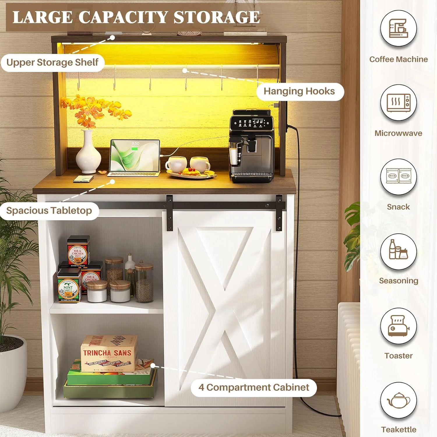 Homieasy Farmhouse Coffee Bar Cabinet with Charging Station, LED Lighting, Adjustable Shelves & Rustic Sliding Barn Door Design for Kitchen, Dining, or Living Room, Black Oak