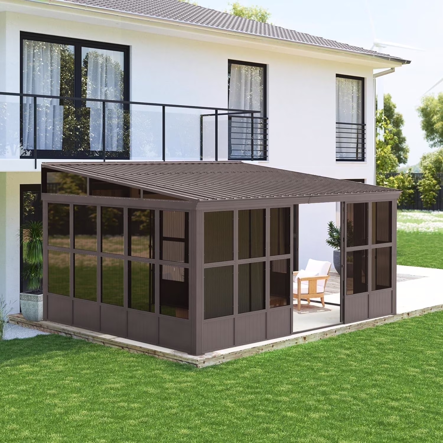 Domi Outdoor Living 10' x 12' Hardtop Lean-to Gazebo, Wall-Mounted with Galvanized Steel Roof Wall Pergola with Aluminum Frame, Curtains and Netting, for Patio, Deck, Garden, Backyard
