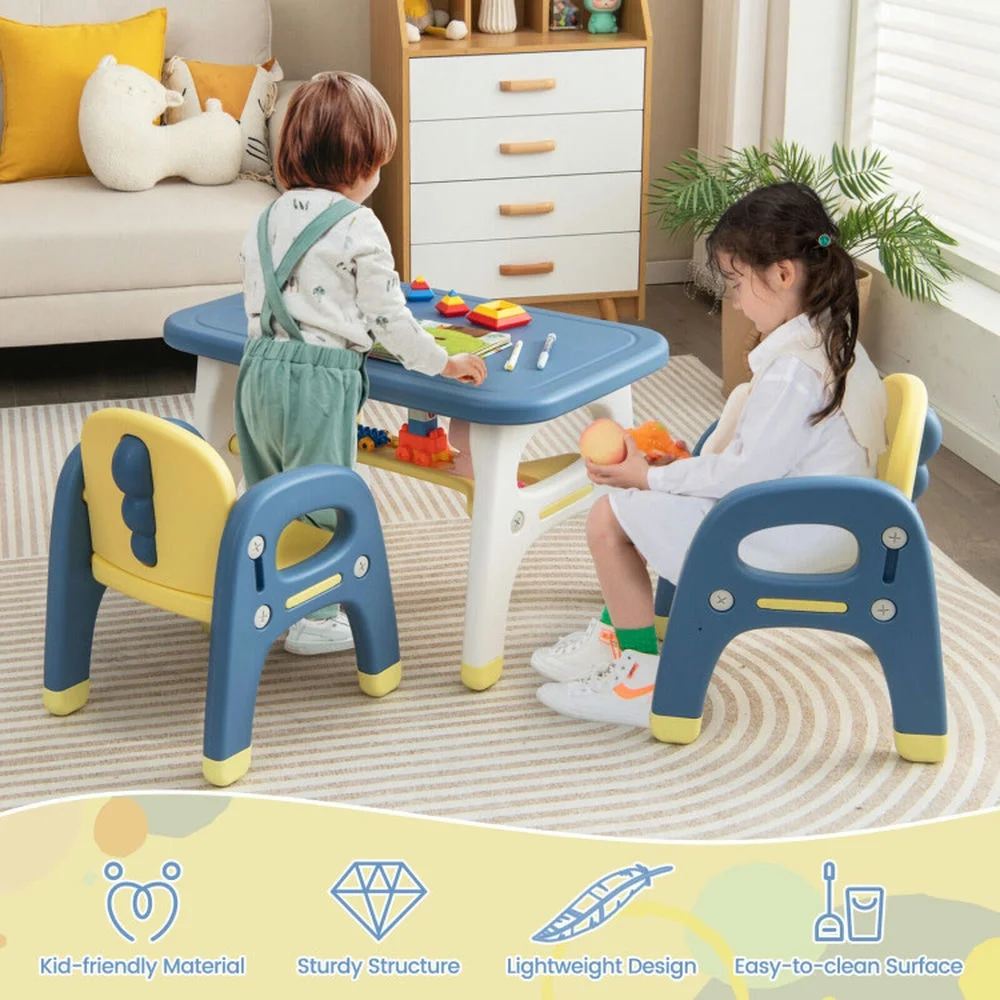 Spaco Kids Table and 2 Chairs Set with Storage Shelf and Building Blocks-Blue, Toddler Table and Chair Set for Arts & Crafts, Snack Time, Homeschooling, Homework