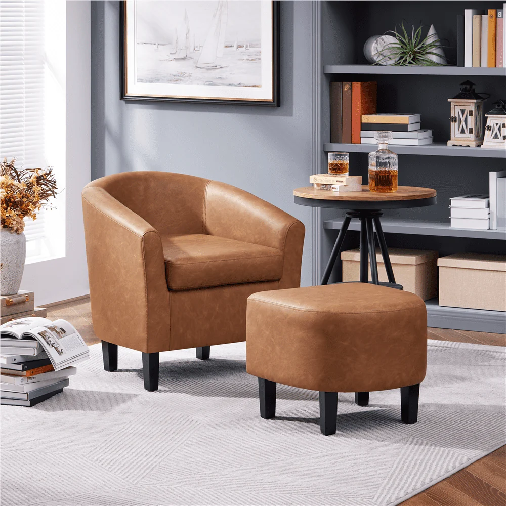 Easyfashion Barrel Accent Chair with Ottoman, Brown Faux Leather