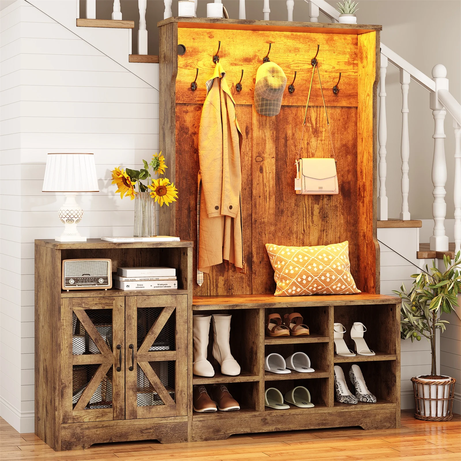 Farmhouse Wood Hall Tree with Shoe Bench and Console Table, LED 4-in-1 Coat Rack with 8 Hooks and 7 Adjustable Shoe Cubbies, Multifunctional Entryway Storage Organizer with Cabinet, Vintage White