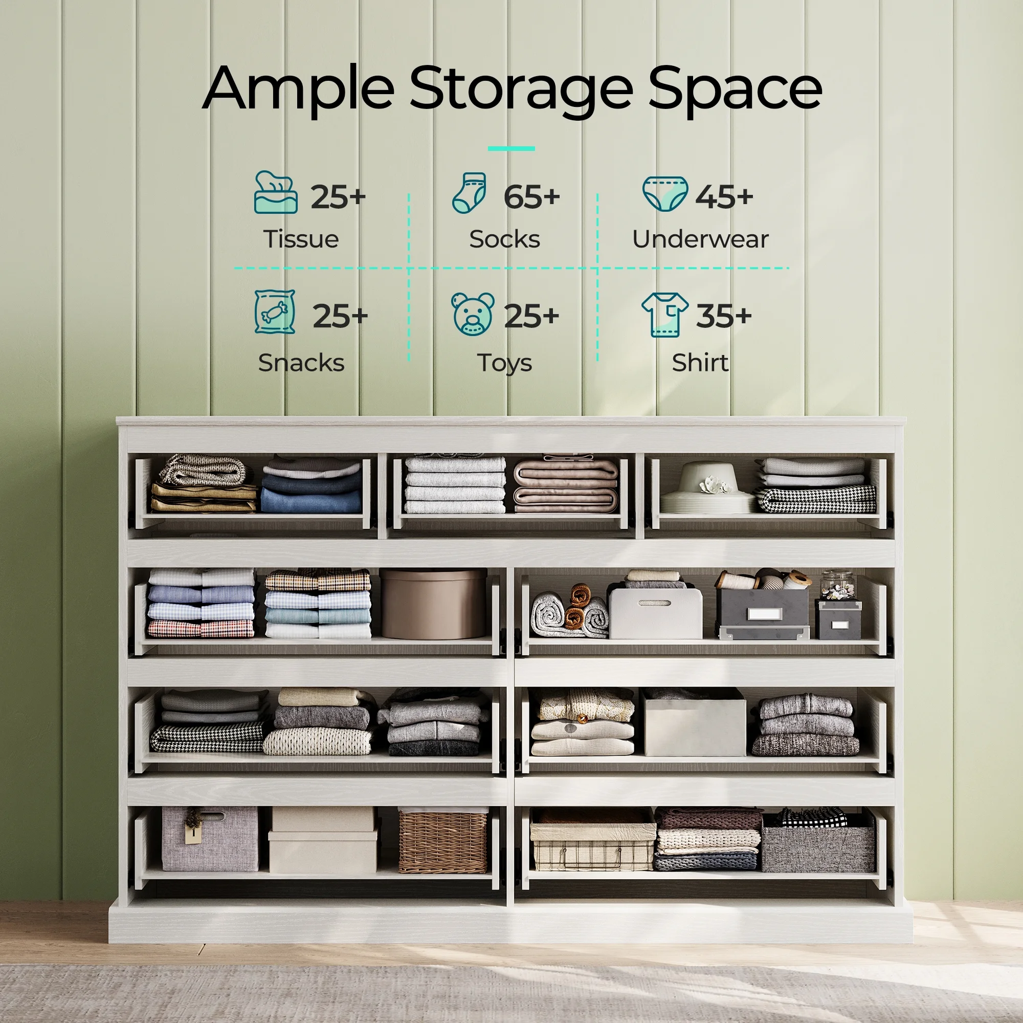 Linsy Home Modern Wood Dressers for Bedroom, Wide Chest of 9 Drawers, White