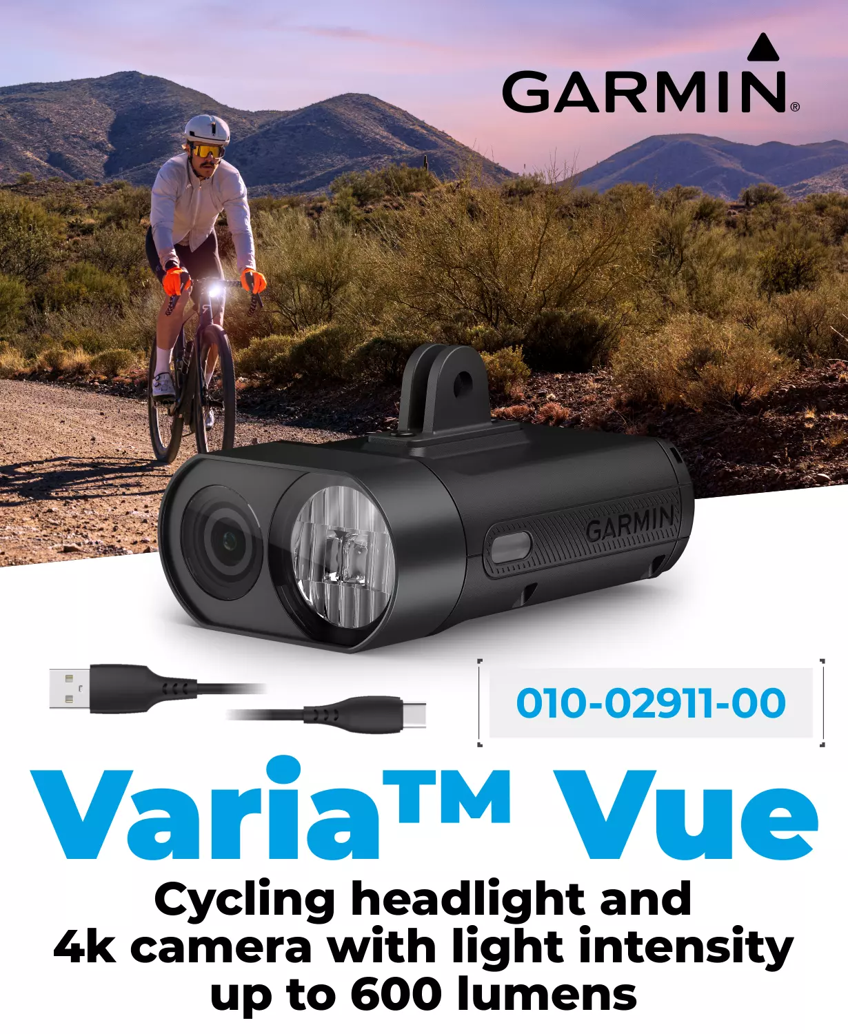 Garmin Varia Vue, Cycling Headlight and 4k Camera, Light Intensity up to 600 Lumens, Crystal-Clear Video Recording, Incident Detection while Cycling