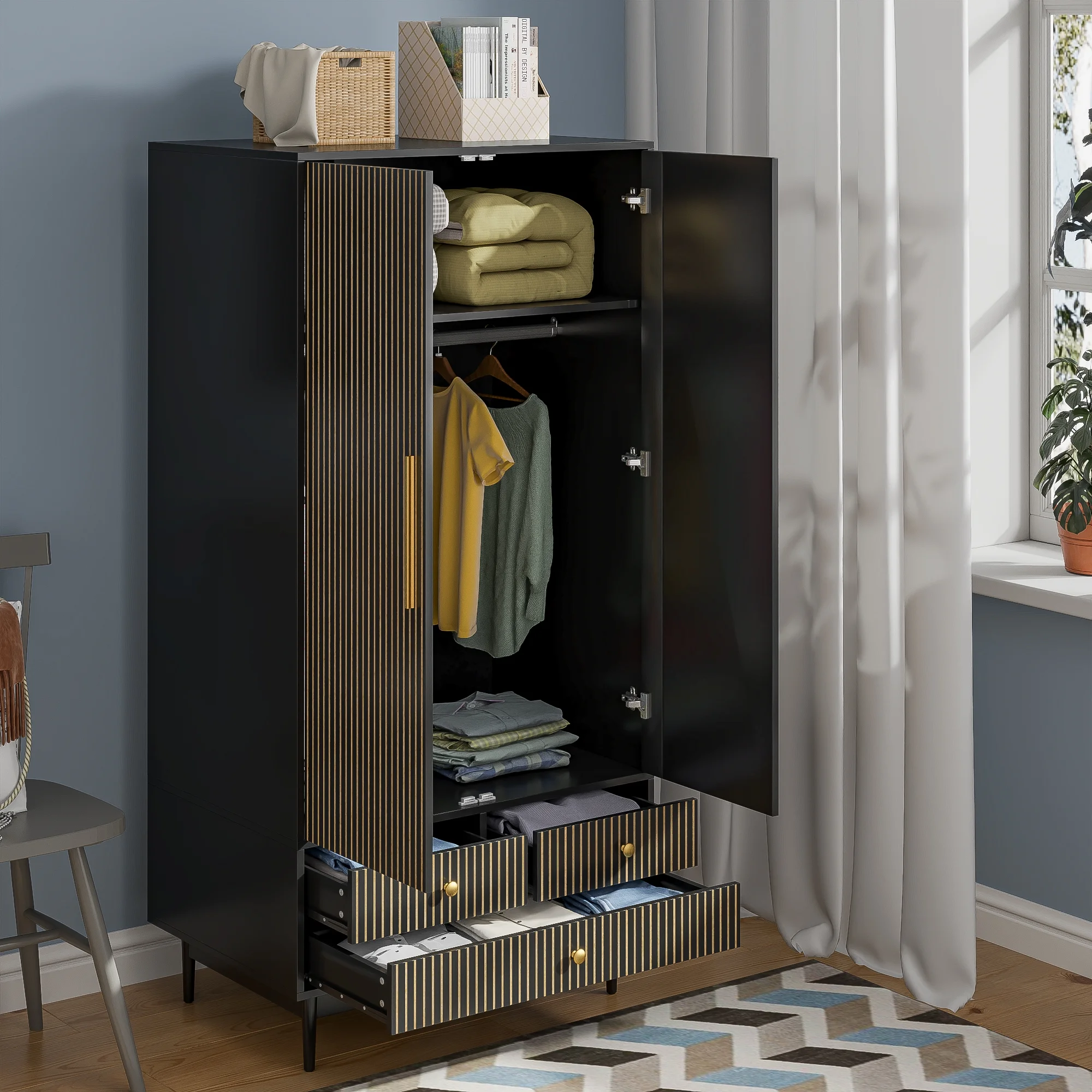 Armoire Wardrobe Closet, Closet Wardrobe Cabinet with Drawers and Hanging Rail for Bedroom, White