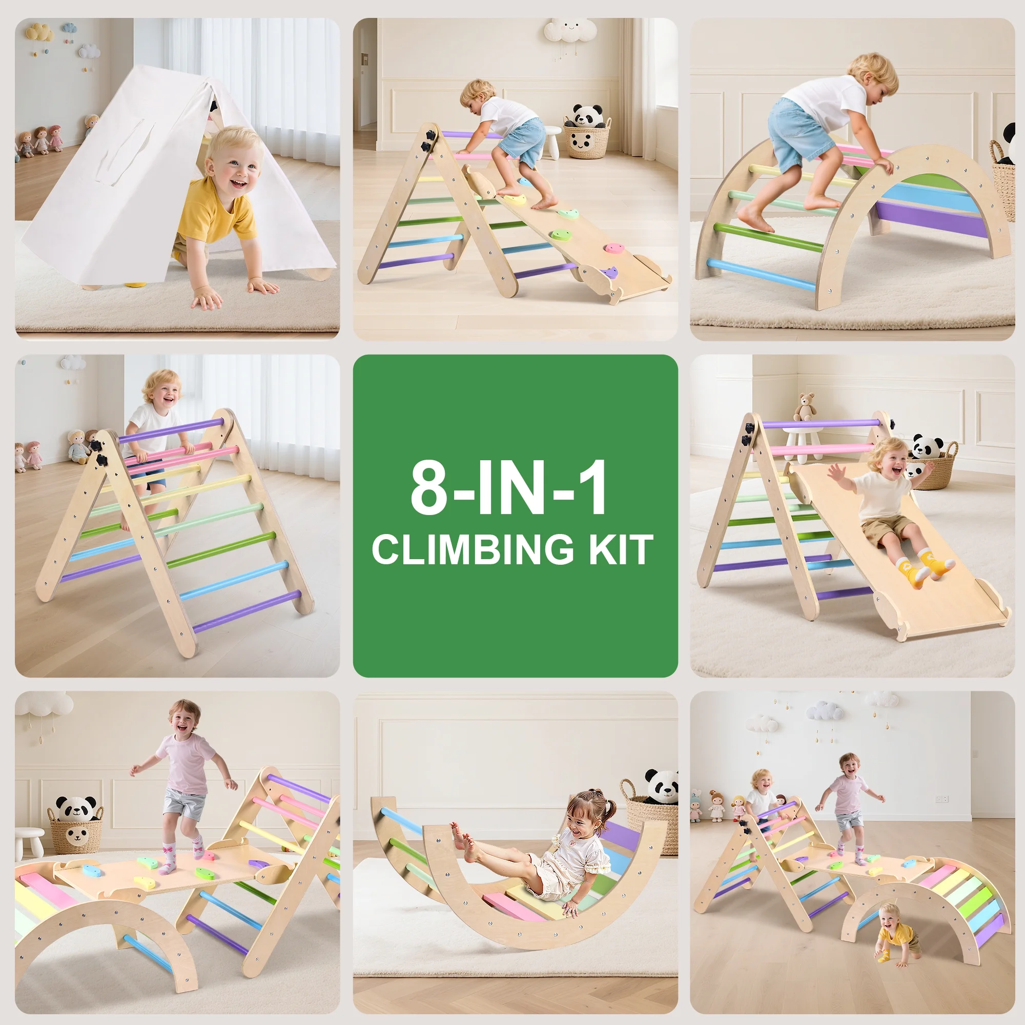 Lookfly 8 in1 Pikler Triangle Set Foldable Baby Climbing Toys for Toddlers 1-6 Inside with Ramp,Toddler Climbing Toys Indoor Baby Gift