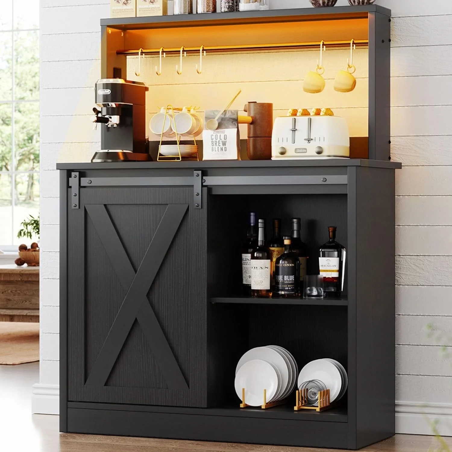 Homieasy Farmhouse Coffee Bar Cabinet with Charging Station, LED Lighting, Adjustable Shelves & Rustic Sliding Barn Door Design for Kitchen, Dining, or Living Room, Black Oak