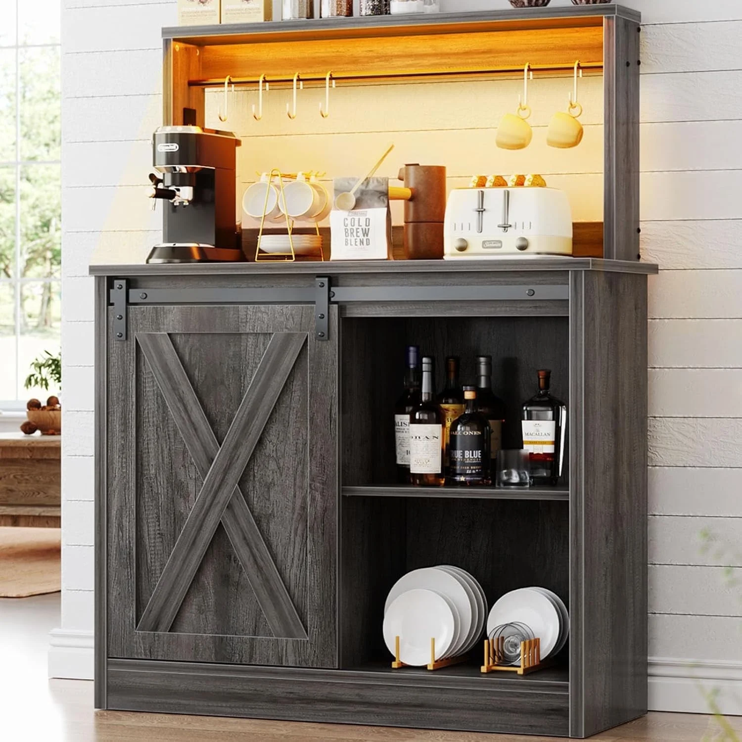 Homieasy Farmhouse Coffee Bar Cabinet with Charging Station, LED Lighting, Adjustable Shelves & Rustic Sliding Barn Door Design for Kitchen, Dining, or Living Room, Black Oak