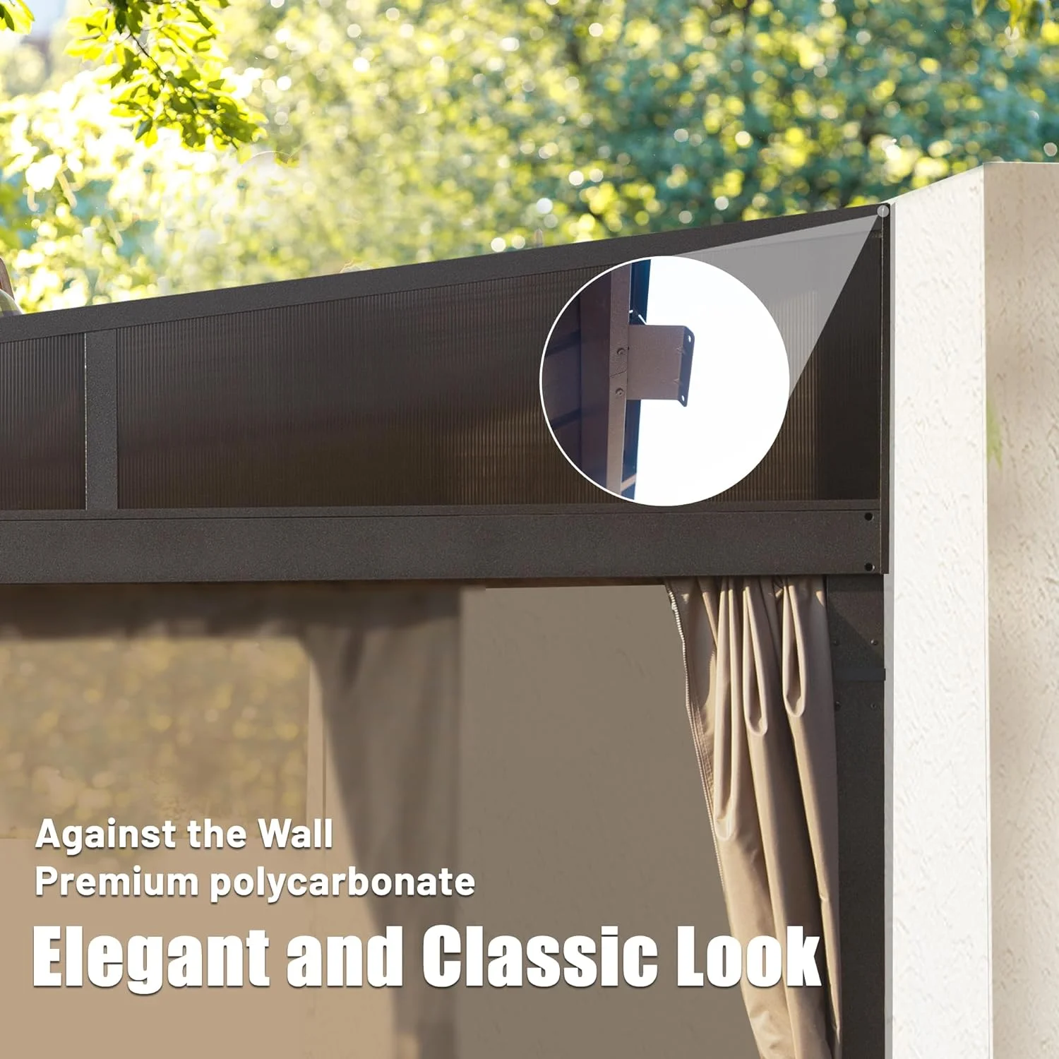 Domi Outdoor Living 10' x 12' Hardtop Lean-to Gazebo, Wall-Mounted with Galvanized Steel Roof Wall Pergola with Aluminum Frame, Curtains and Netting, for Patio, Deck, Garden, Backyard