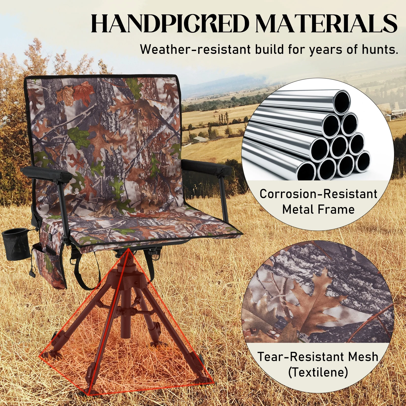Danrelax 360° Silent Camo Hunting Blind Chair, Armrests, Side Pouch, Telescopic Legs