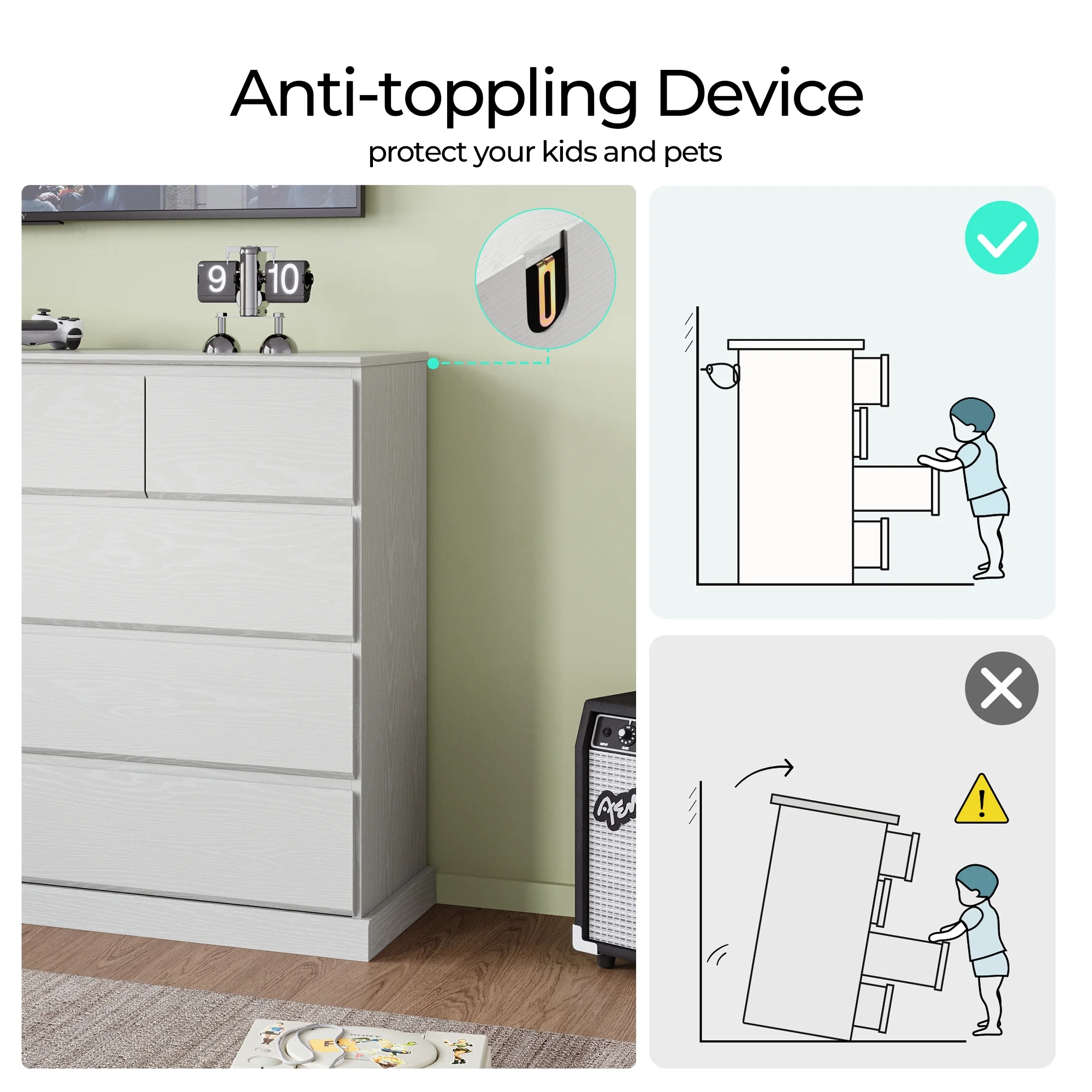 Linsy Home Modern Wood Dressers for Bedroom, Wide Chest of 9 Drawers, White