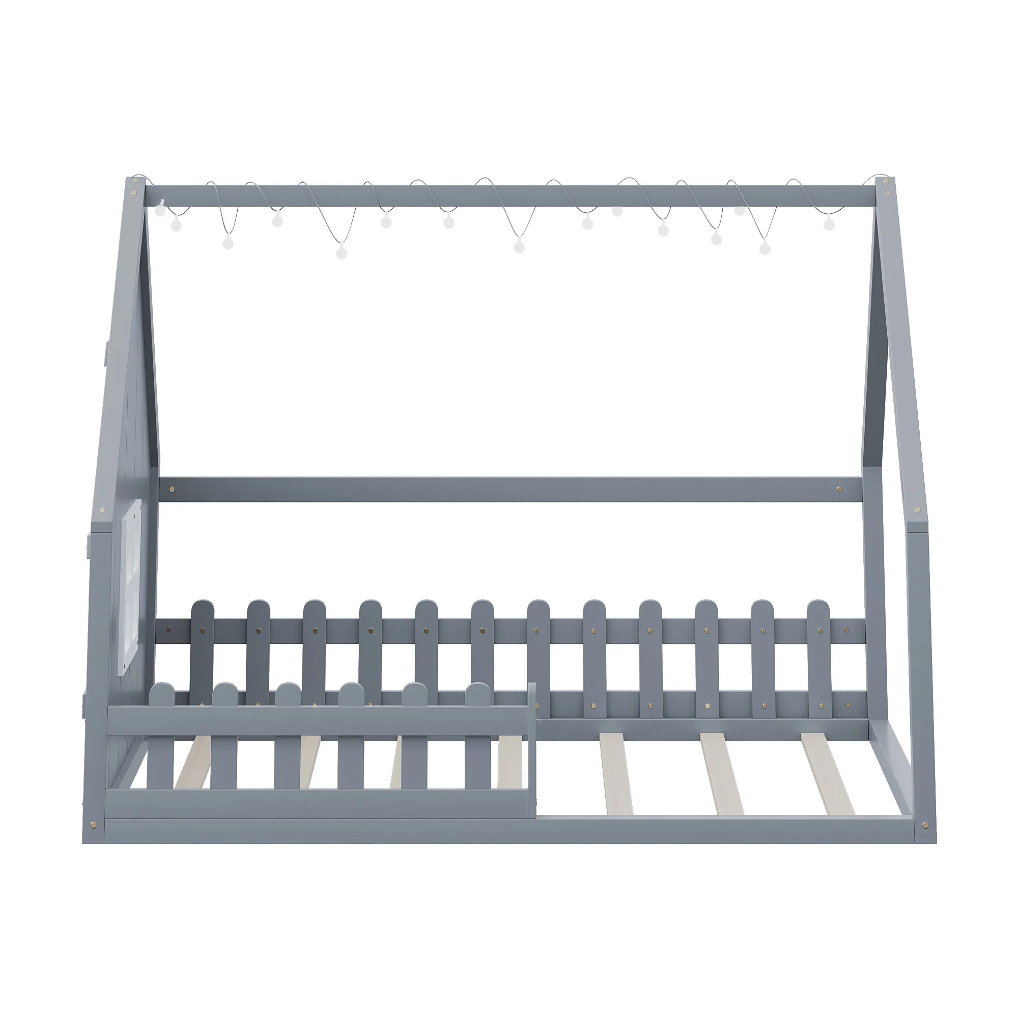 Bellemave Full Size House Bed with LED Light and Fence, Wooden Montessori Floor Bed with Window, No Box Spring Required (Gray)