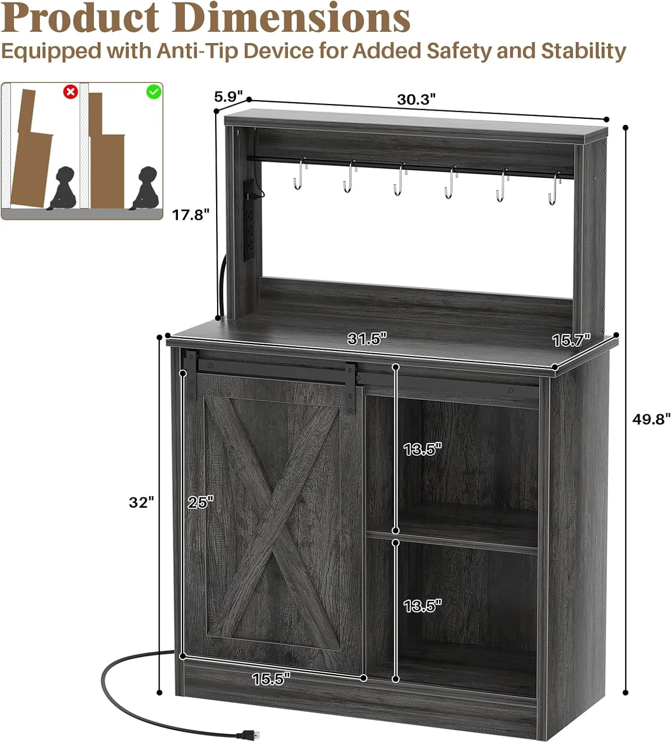 Homieasy Farmhouse Coffee Bar Cabinet with Charging Station, LED Lighting, Adjustable Shelves & Rustic Sliding Barn Door Design for Kitchen, Dining, or Living Room, Black Oak