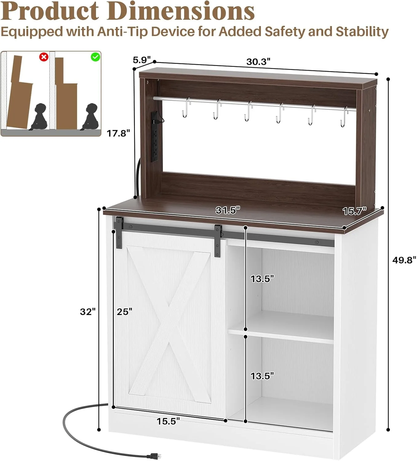 Homieasy Farmhouse Coffee Bar Cabinet with Charging Station, LED Lighting, Adjustable Shelves & Rustic Sliding Barn Door Design for Kitchen, Dining, or Living Room, Black Oak
