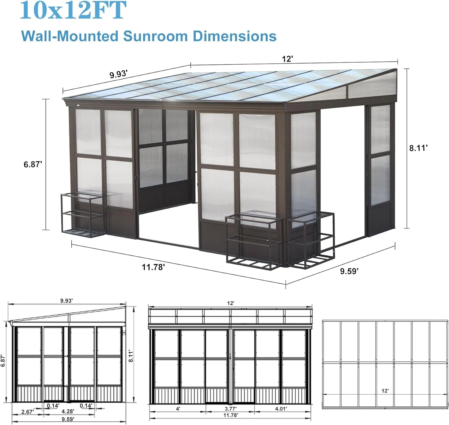 Domi Outdoor Living 10' x 12' Hardtop Lean-to Gazebo, Wall-Mounted with Galvanized Steel Roof Wall Pergola with Aluminum Frame, Curtains and Netting, for Patio, Deck, Garden, Backyard