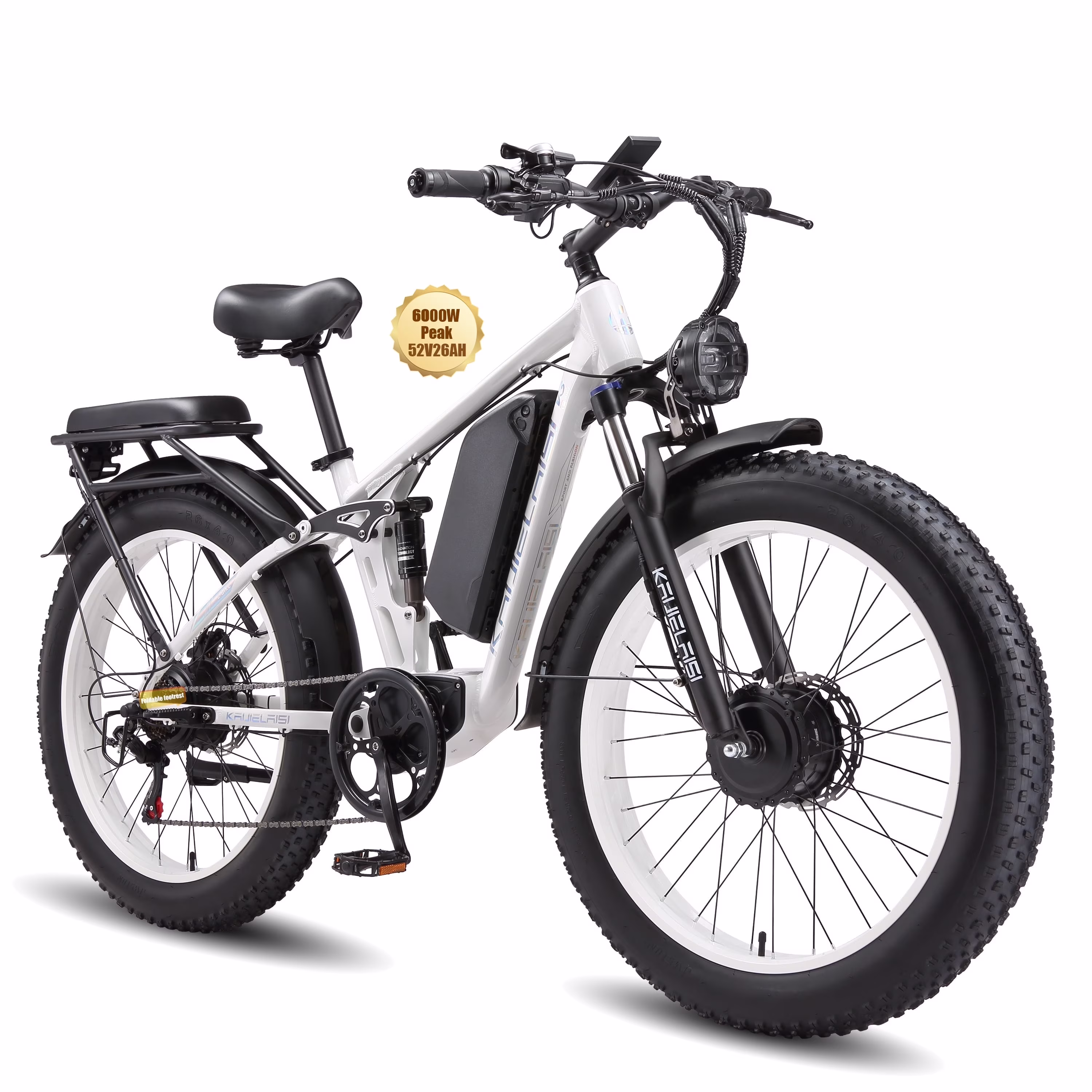KAIJIELAISI Electric Bike for Adults,AWD Ebikes Dual Motor Peak 6000W, 26'' Fat Tire bikes with 52V 26AH Battery Hydraulic Brake ​​Electric Bicycle, 7 Speed Mountain EBike UL 2849.