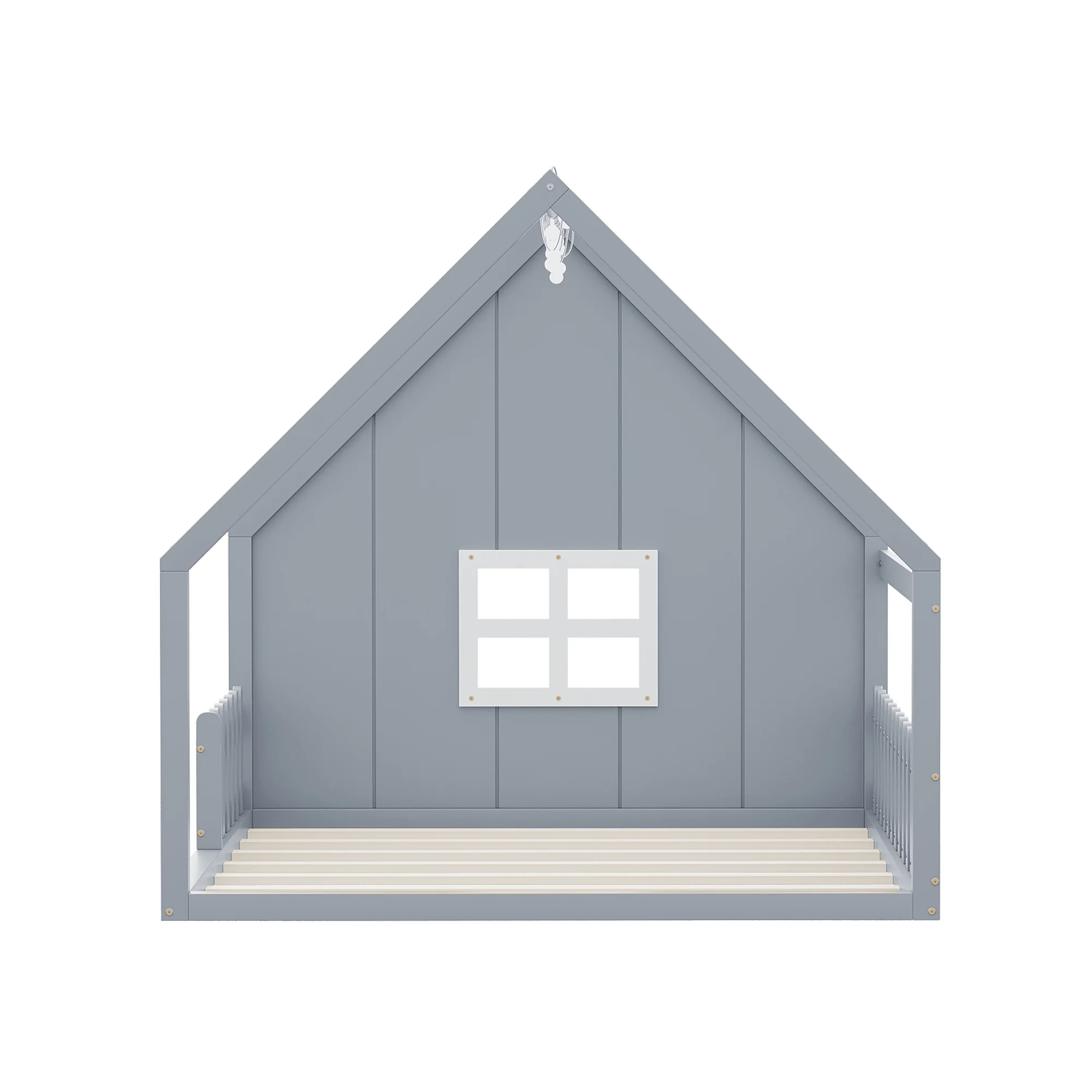 Bellemave Full Size House Bed with LED Light and Fence, Wooden Montessori Floor Bed with Window, No Box Spring Required (Gray)