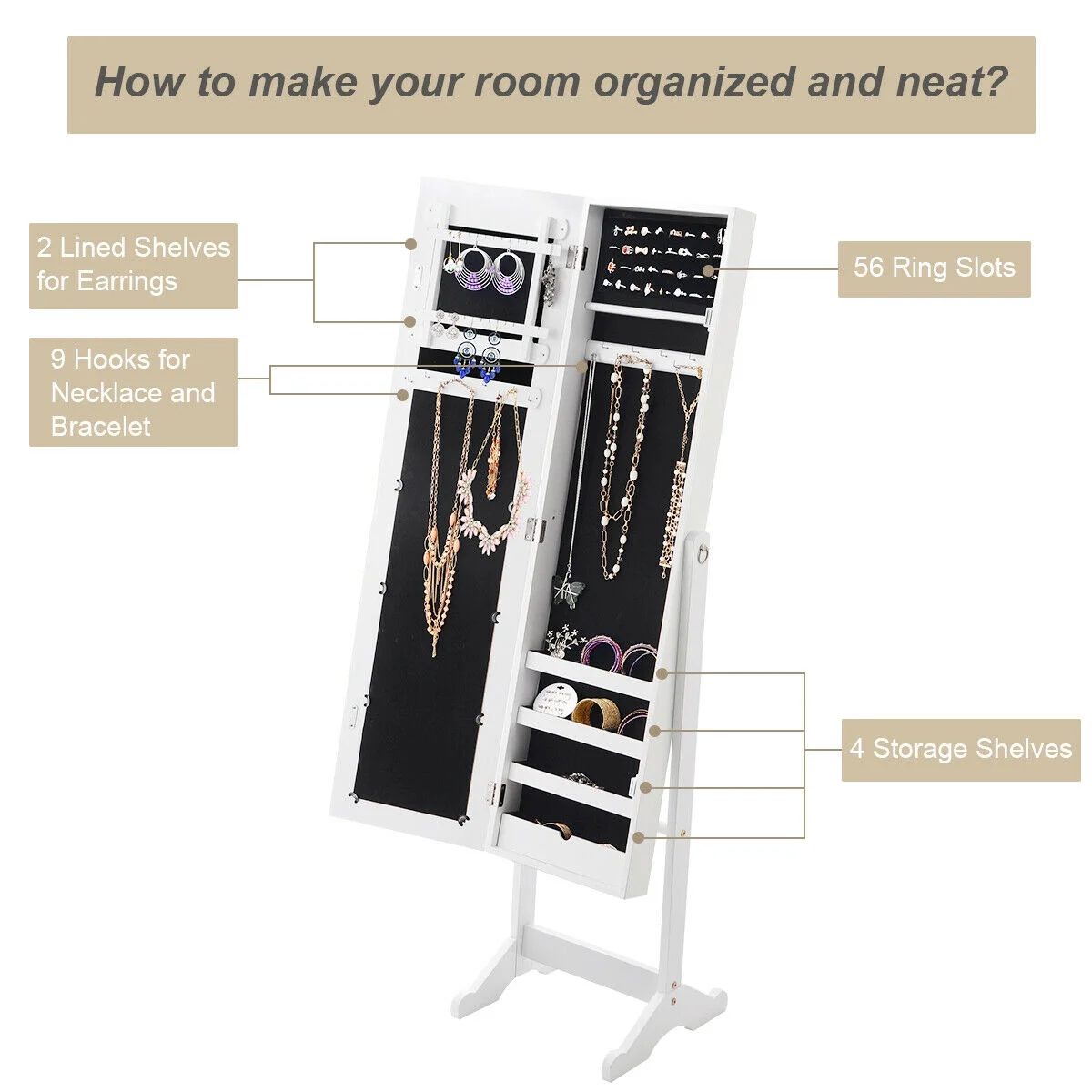 Costway Jewelry Mirrored Cabinet Armoire Organizer Storage Box w/ Stand Christmas Gift