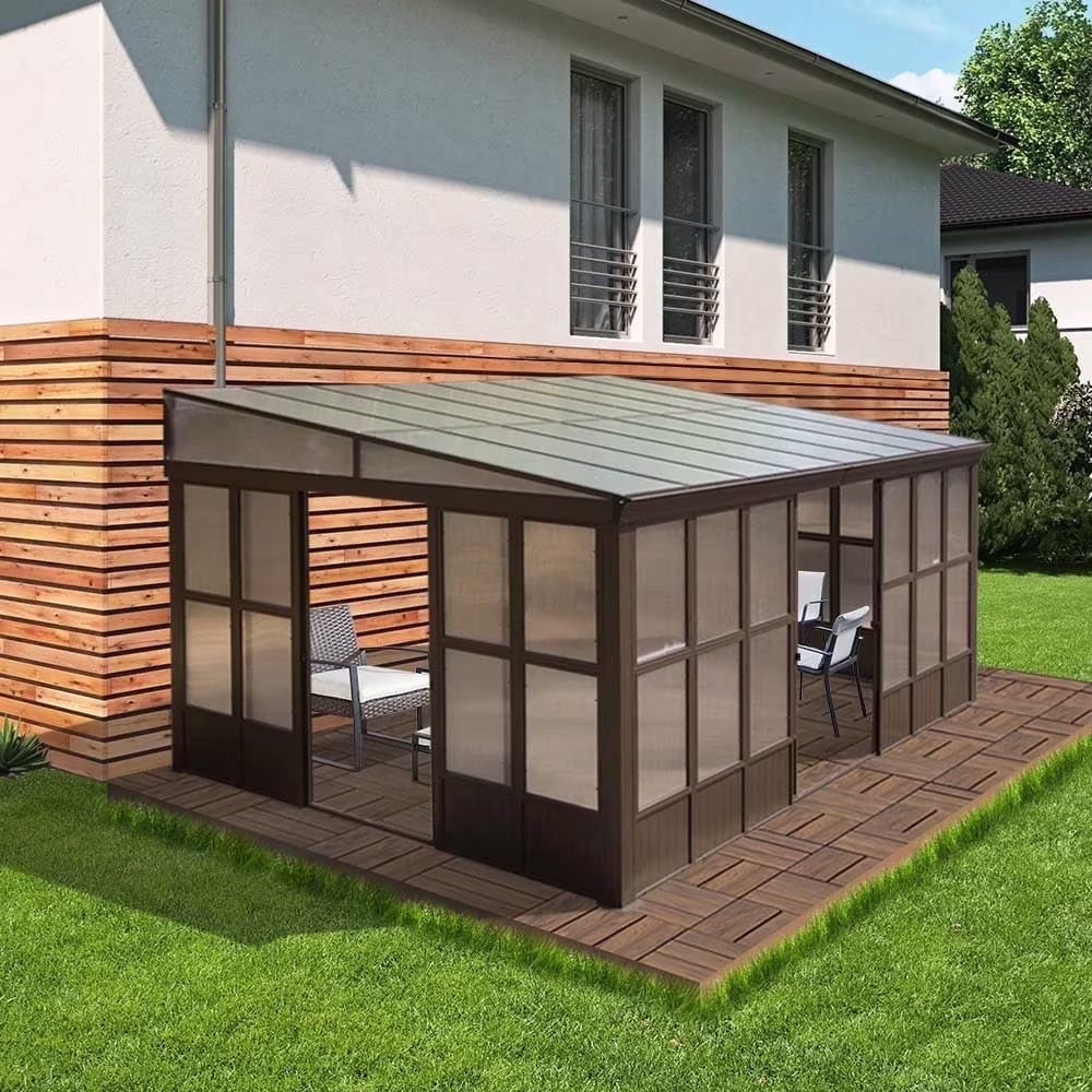 Domi Outdoor Living 10' x 12' Hardtop Lean-to Gazebo, Wall-Mounted with Galvanized Steel Roof Wall Pergola with Aluminum Frame, Curtains and Netting, for Patio, Deck, Garden, Backyard