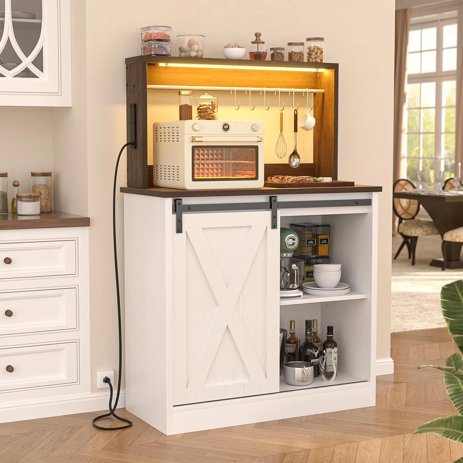 Homieasy Farmhouse Coffee Bar Cabinet with Charging Station, LED Lighting, Adjustable Shelves & Rustic Sliding Barn Door Design for Kitchen, Dining, or Living Room, Black Oak