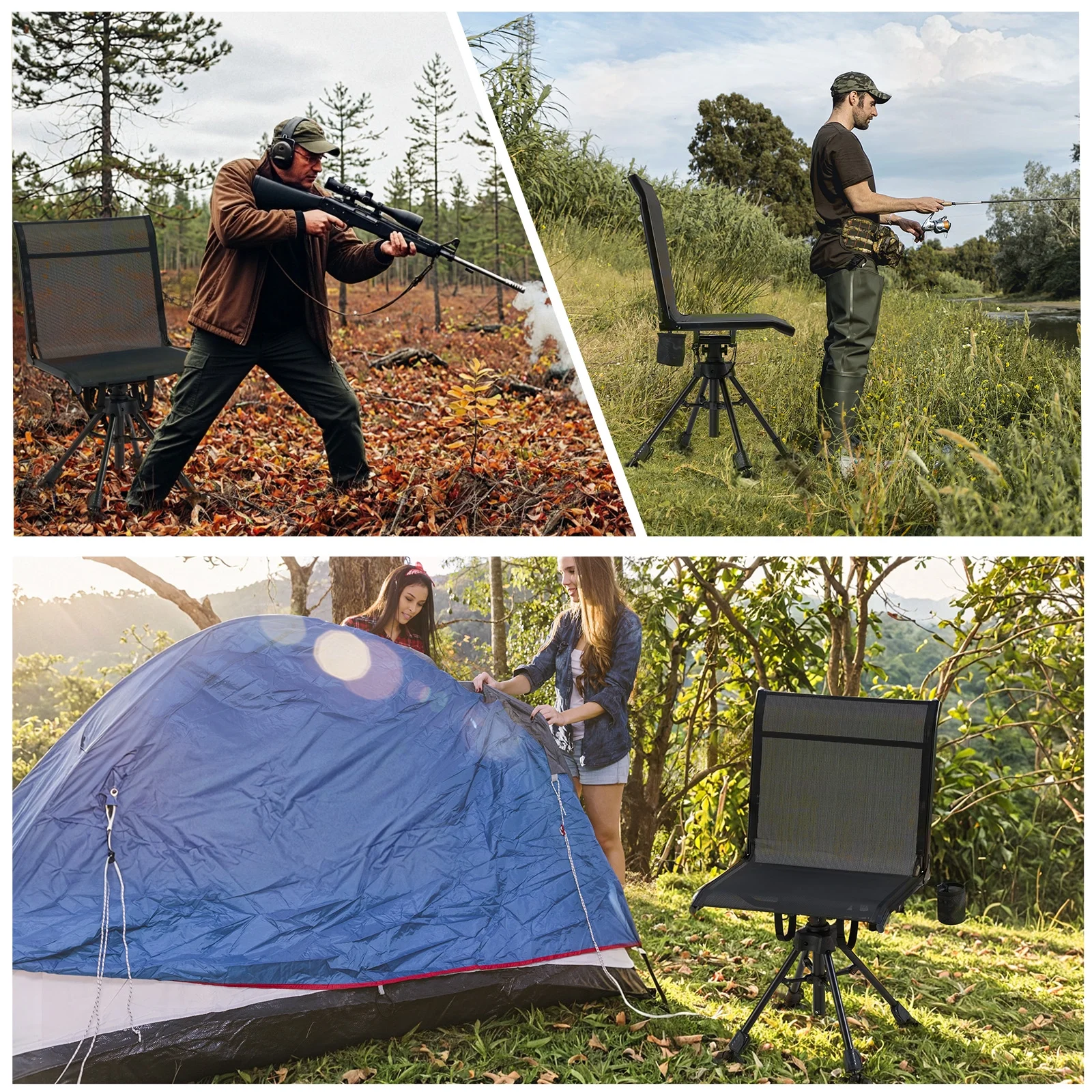 Danrelax 360° Silent Camo Hunting Blind Chair, Armrests, Side Pouch, Telescopic Legs